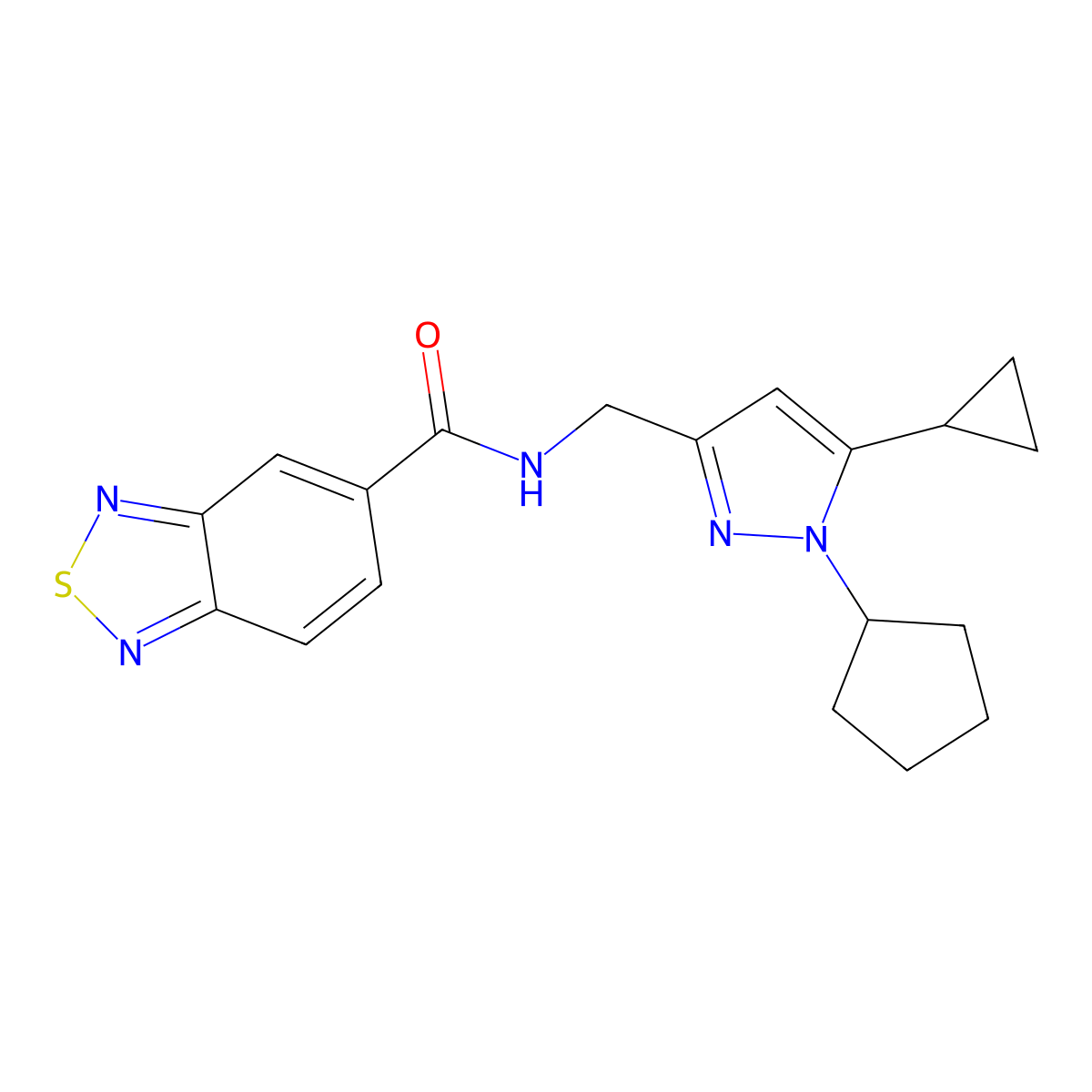 N-((1-cyclopentyl-5-cyclopropyl-1H-pyrazol-3-yl)methyl)benzo[c][1,2,5]thiadiazole-5-carboxamide molecular structure, CAS 1448063-54-4