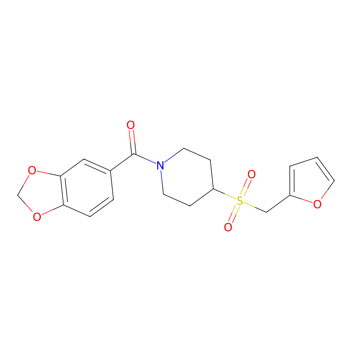 Benzo[d][1,3]dioxol-5-yl(4-((furan-2-ylmethyl)sulfonyl)piperidin-1-yl)methanone molecular structure, CAS 1448063-61-3