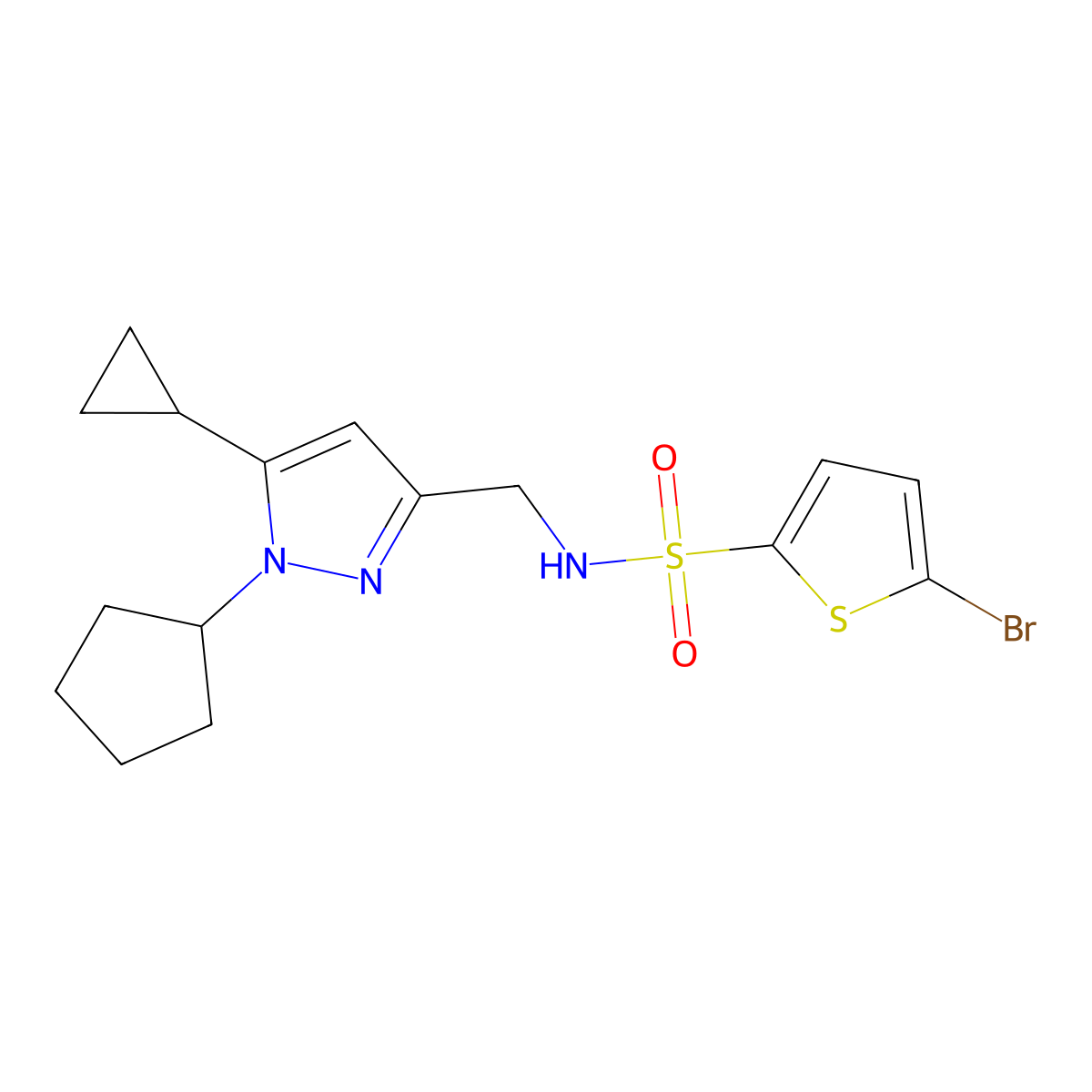5-bromo-N-((1-cyclopentyl-5-cyclopropyl-1H-pyrazol-3-yl)methyl)thiophene-2-sulfonamide molecular structure, CAS 1448063-65-7