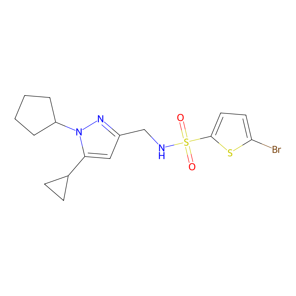 5-bromo-N-((1-cyclopentyl-5-cyclopropyl-1H-pyrazol-3-yl)methyl)thiophene-2-sulfonamide molecular structure, CAS 1448063-65-7