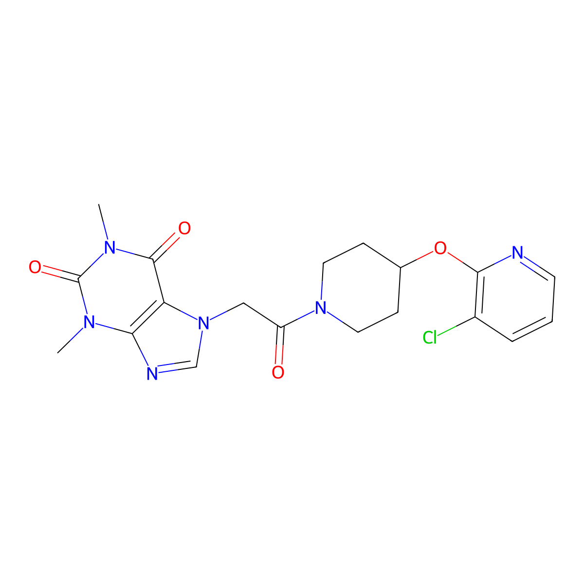 7-(2-(4-((3-chloropyridin-2-yl)oxy)piperidin-1-yl)-2-oxoethyl)-1,3-dimethyl-1H-purine-2,6(3H,7H)-dione molecular structure, CAS 1448063-96-4