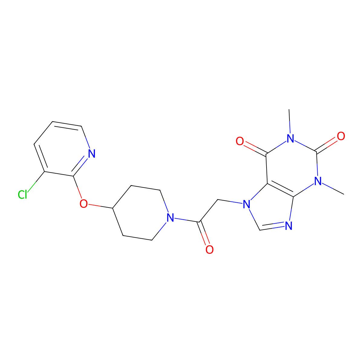 7-(2-(4-((3-chloropyridin-2-yl)oxy)piperidin-1-yl)-2-oxoethyl)-1,3-dimethyl-1H-purine-2,6(3H,7H)-dione molecular structure, CAS 1448063-96-4