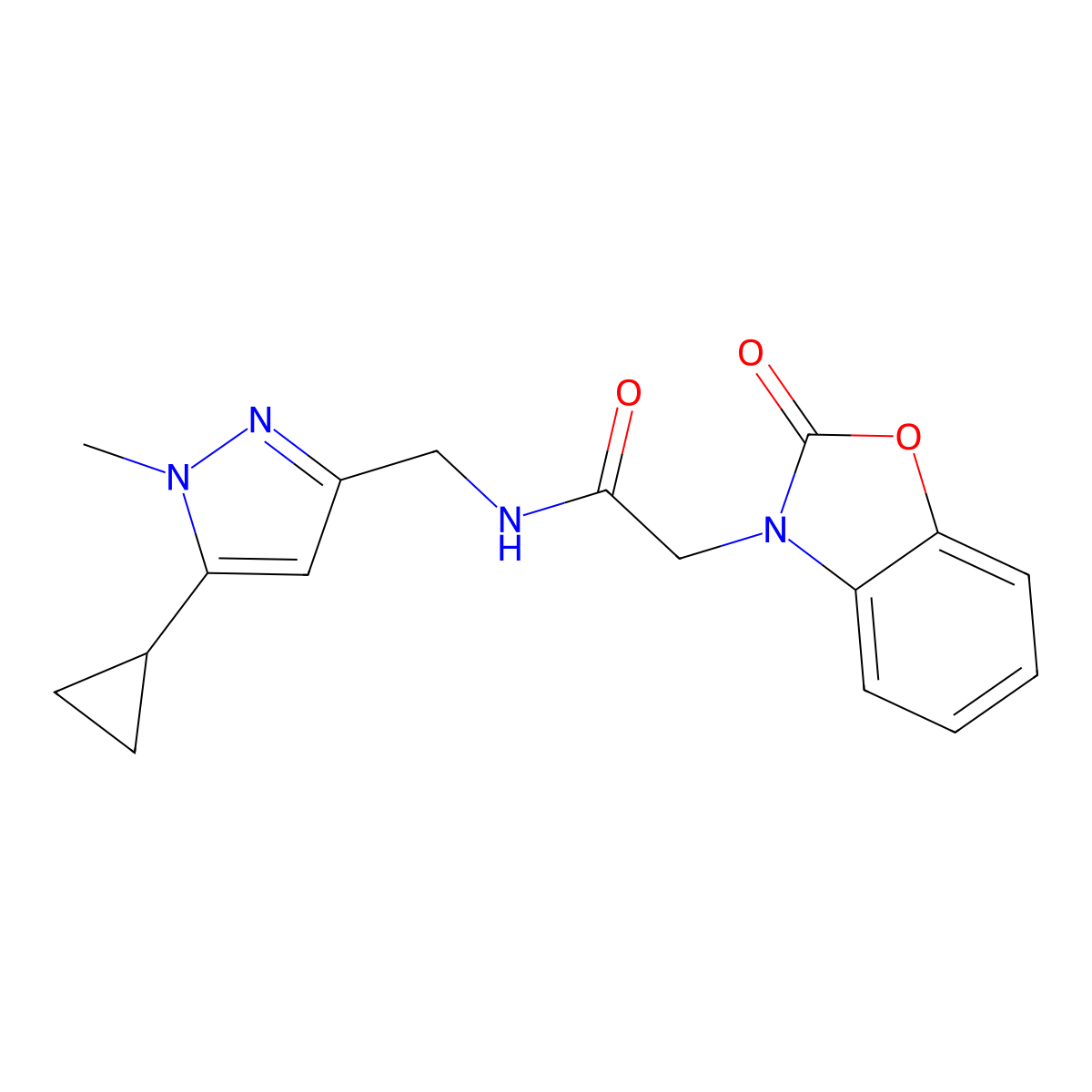 N-((5-cyclopropyl-1-methyl-1H-pyrazol-3-yl)methyl)-2-(2-oxobenzo[d]oxazol-3(2H)-yl)acetamide molecular structure, CAS 1448064-01-4