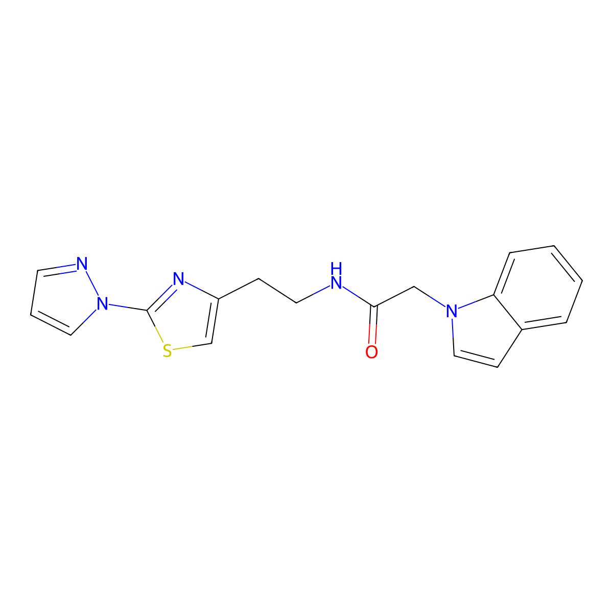 N-(2-(2-(1H-pyrazol-1-yl)thiazol-4-yl)ethyl)-2-(1H-indol-1-yl)acetamide molecular structure, CAS 1448064-03-6