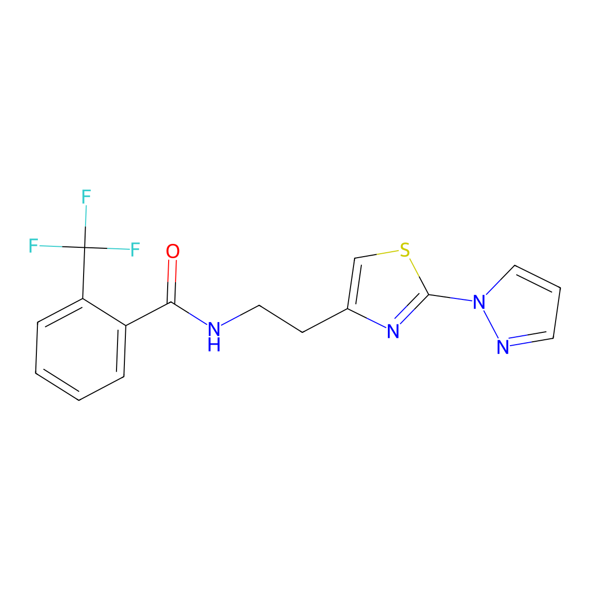 N-(2-(2-(1H-pyrazol-1-yl)thiazol-4-yl)ethyl)-2-(trifluoromethyl)benzamide molecular structure, CAS 1448064-11-6