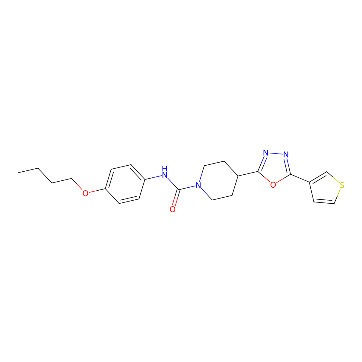 N-(4-Butoxyphenyl)-4-[5-(thiophen-3-YL)-1,3,4-oxadiazol-2-YL]piperidine-1-carboxamide molecular structure, CAS 1448064-17-2