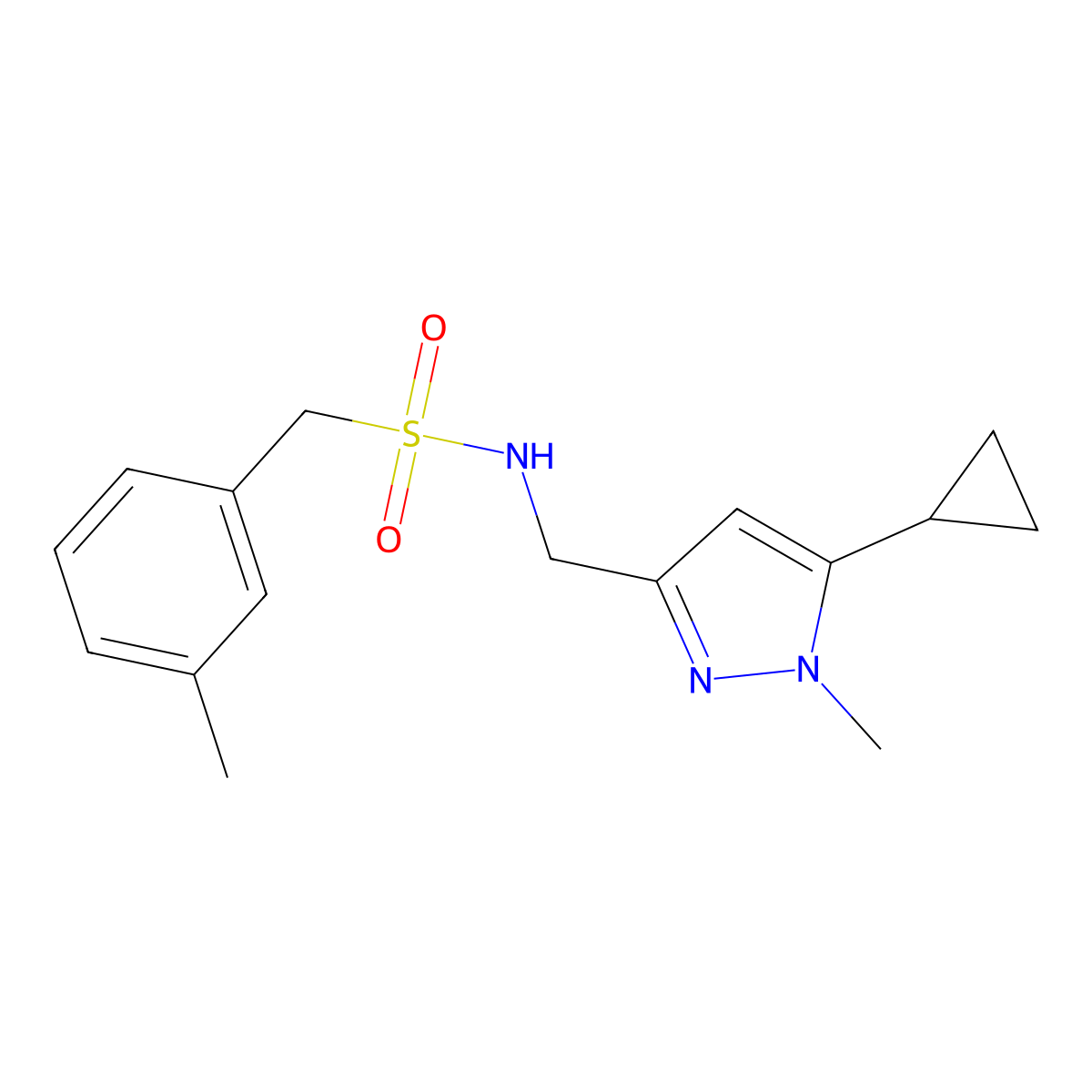 N-((5-cyclopropyl-1-methyl-1H-pyrazol-3-yl)methyl)-1-(m-tolyl)methanesulfonamide molecular structure, CAS 1448064-25-2