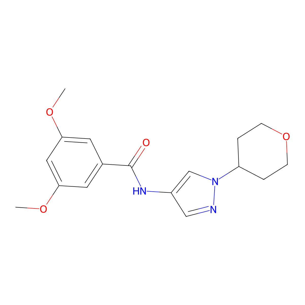 3,5-dimethoxy-N-(1-(tetrahydro-2H-pyran-4-yl)-1H-pyrazol-4-yl)benzamide molecular structure, CAS 1448064-40-1