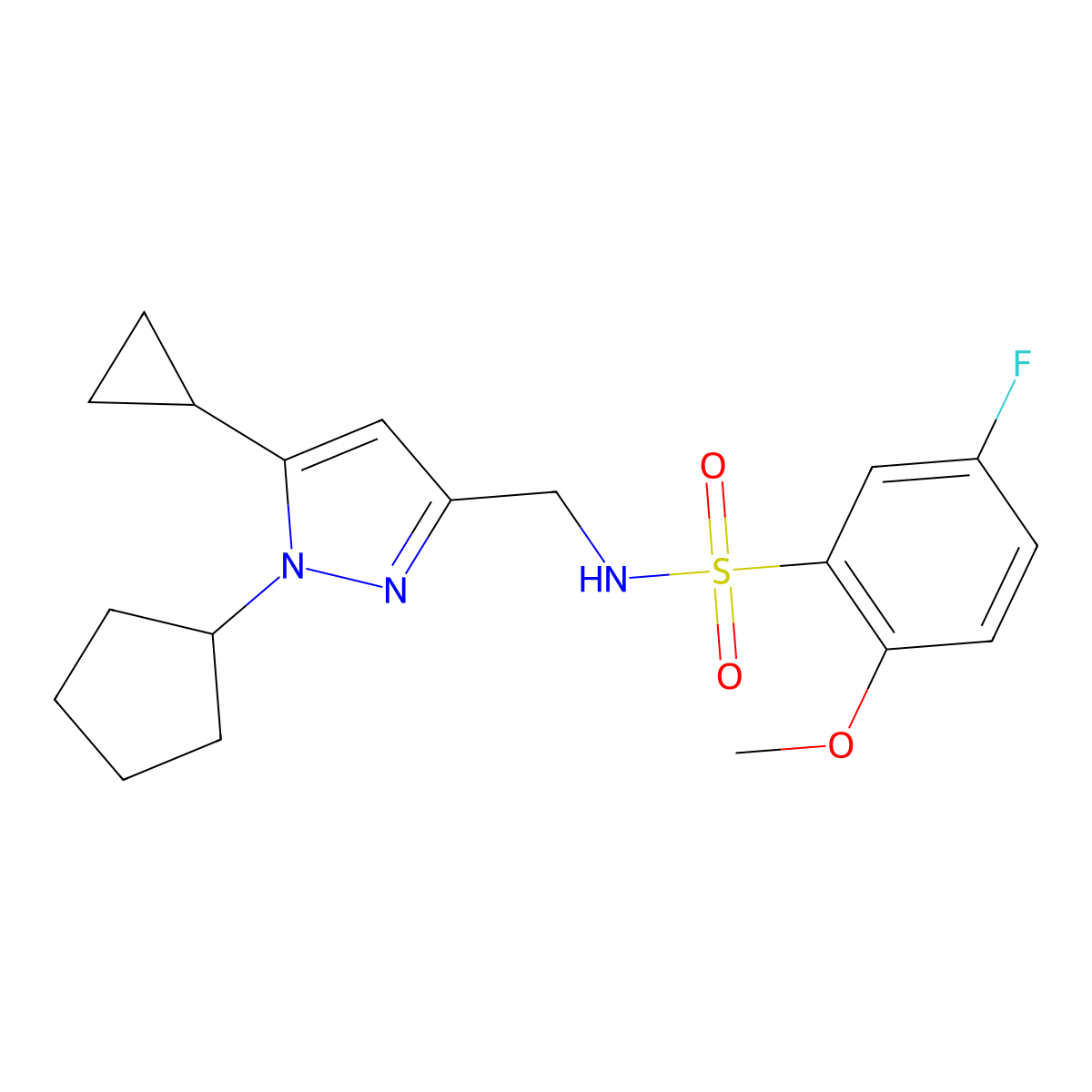 N-((1-cyclopentyl-5-cyclopropyl-1H-pyrazol-3-yl)methyl)-5-fluoro-2-methoxybenzenesulfonamide molecular structure, CAS 1448064-43-4
