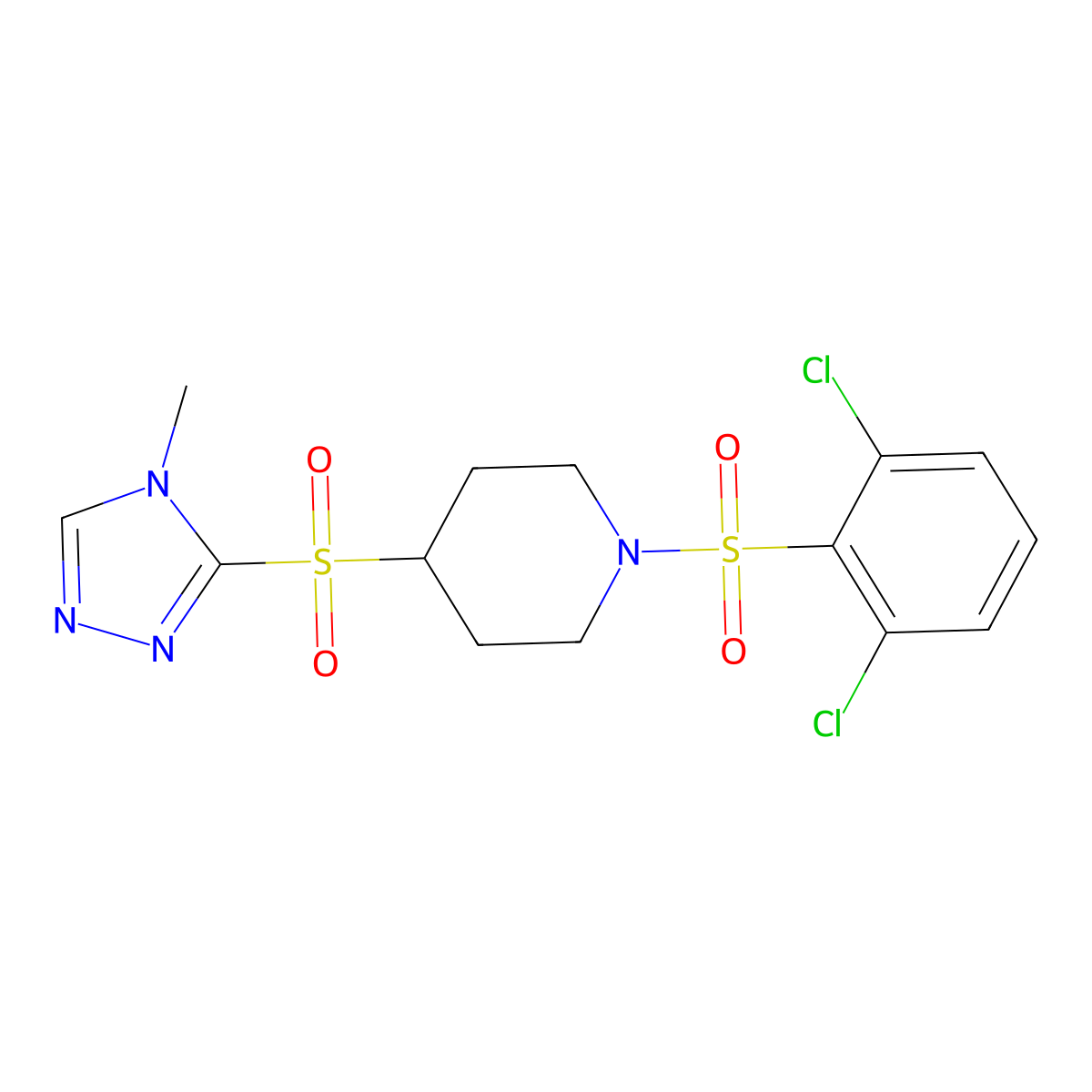 1-((2,6-dichlorophenyl)sulfonyl)-4-((4-methyl-4H-1,2,4-triazol-3-yl)sulfonyl)piperidine molecular structure, CAS 1448064-50-3