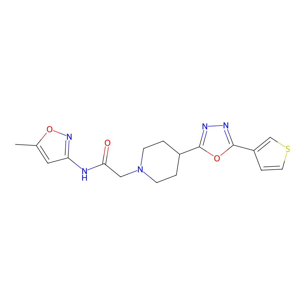 N-(5-methylisoxazol-3-yl)-2-(4-(5-(thiophen-3-yl)-1,3,4-oxadiazol-2-yl)piperidin-1-yl)acetamide molecular structure, CAS 1448064-57-0