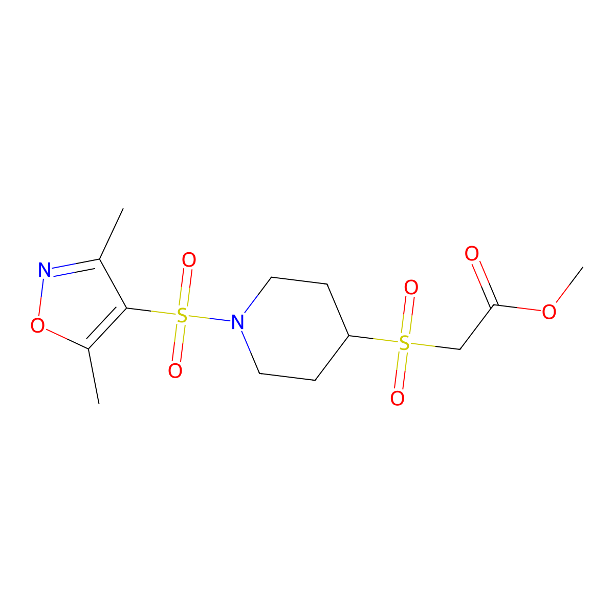 Methyl 2-((1-((3,5-dimethylisoxazol-4-yl)sulfonyl)piperidin-4-yl)sulfonyl)acetate molecular structure, CAS 1448064-59-2