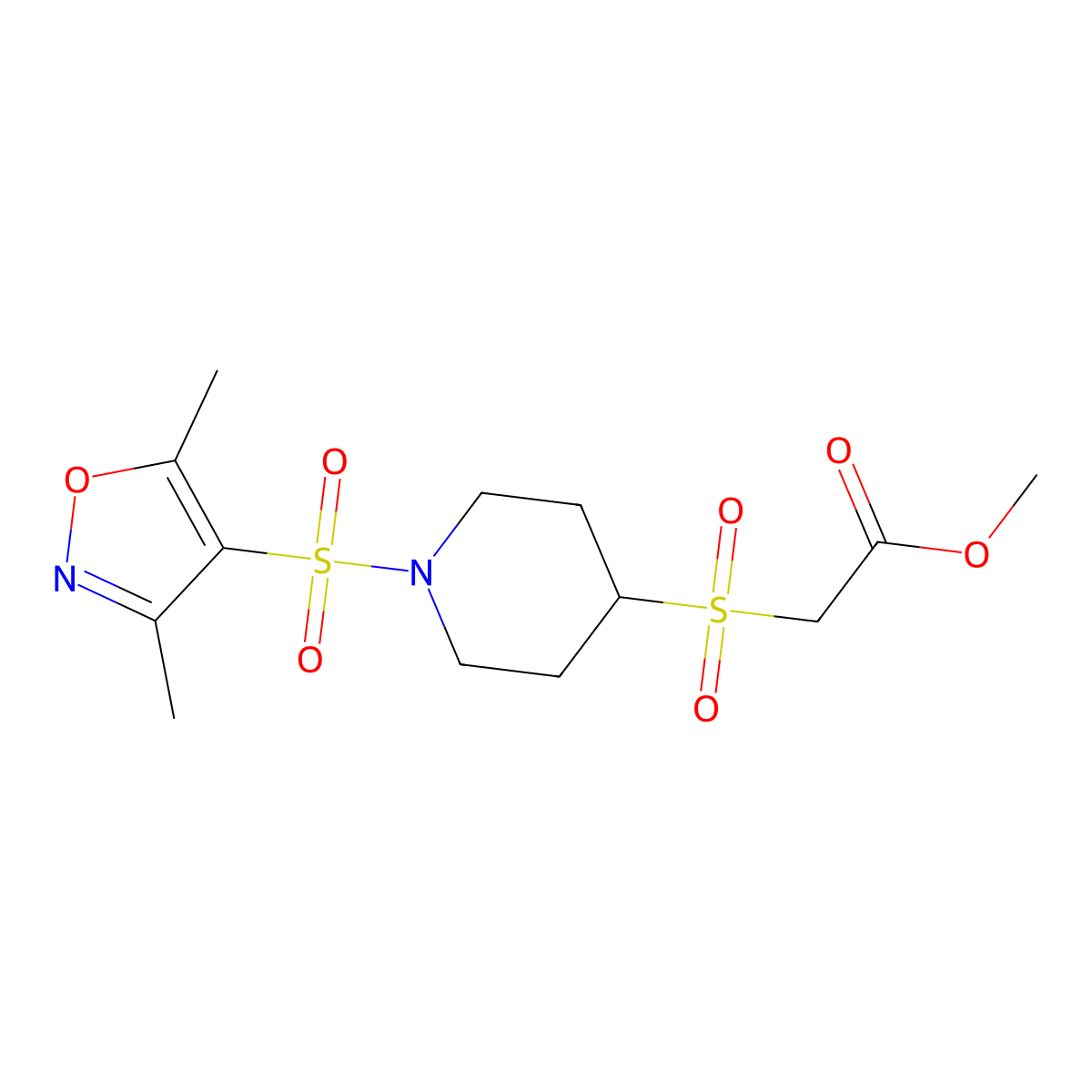 Methyl 2-((1-((3,5-dimethylisoxazol-4-yl)sulfonyl)piperidin-4-yl)sulfonyl)acetate molecular structure, CAS 1448064-59-2