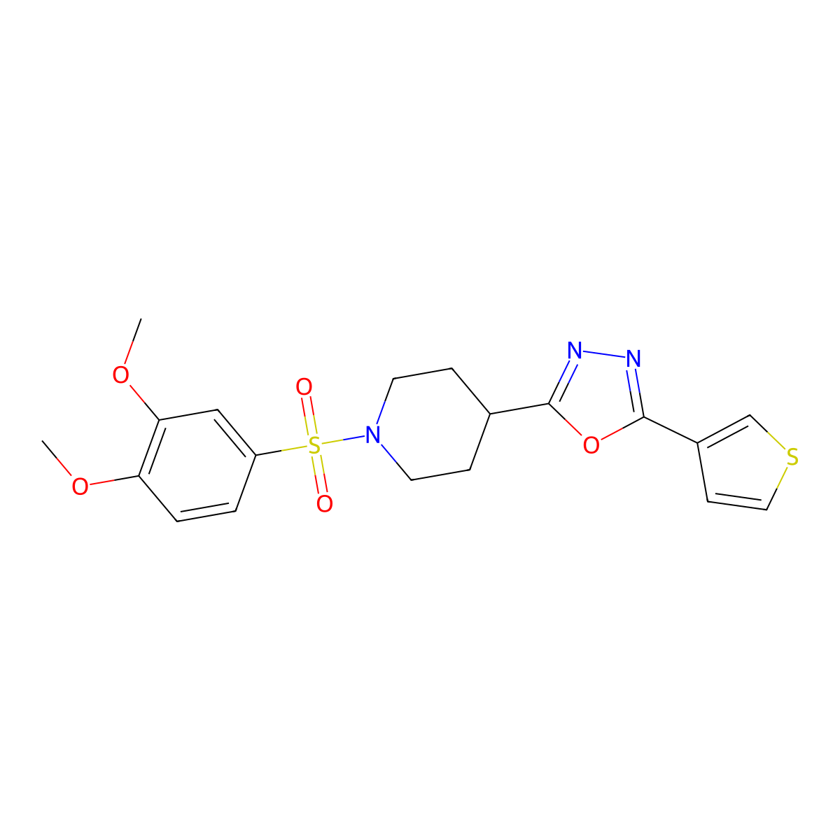 2-(1-((3,4-Dimethoxyphenyl)sulfonyl)piperidin-4-yl)-5-(thiophen-3-yl)-1,3,4-oxadiazole molecular structure, CAS 1448064-67-2