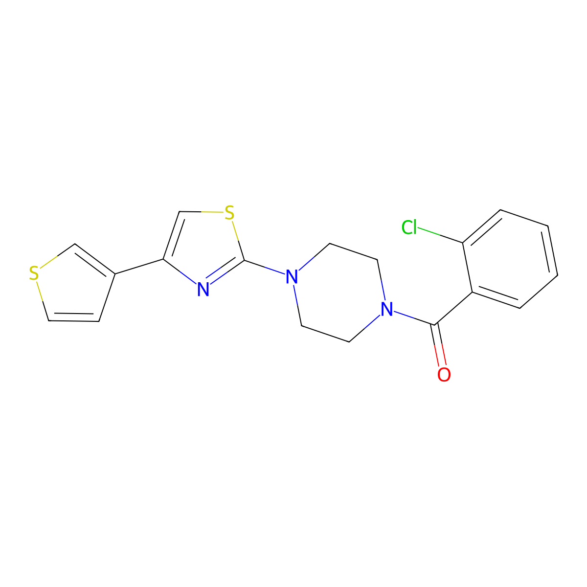 (2-Chlorophenyl)(4-(4-(thiophen-3-yl)thiazol-2-yl)piperazin-1-yl)methanone molecular structure, CAS 1448064-69-4