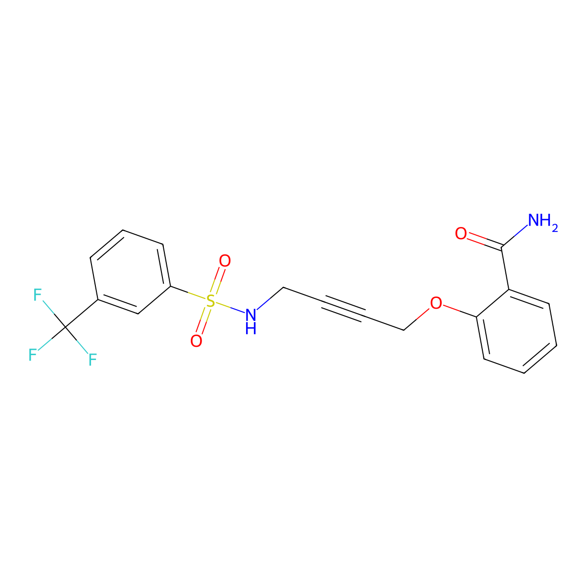2-({4-[3-(Trifluoromethyl)benzenesulfonamido]but-2-YN-1-YL}oxy)benzamide molecular structure, CAS 1448064-70-7