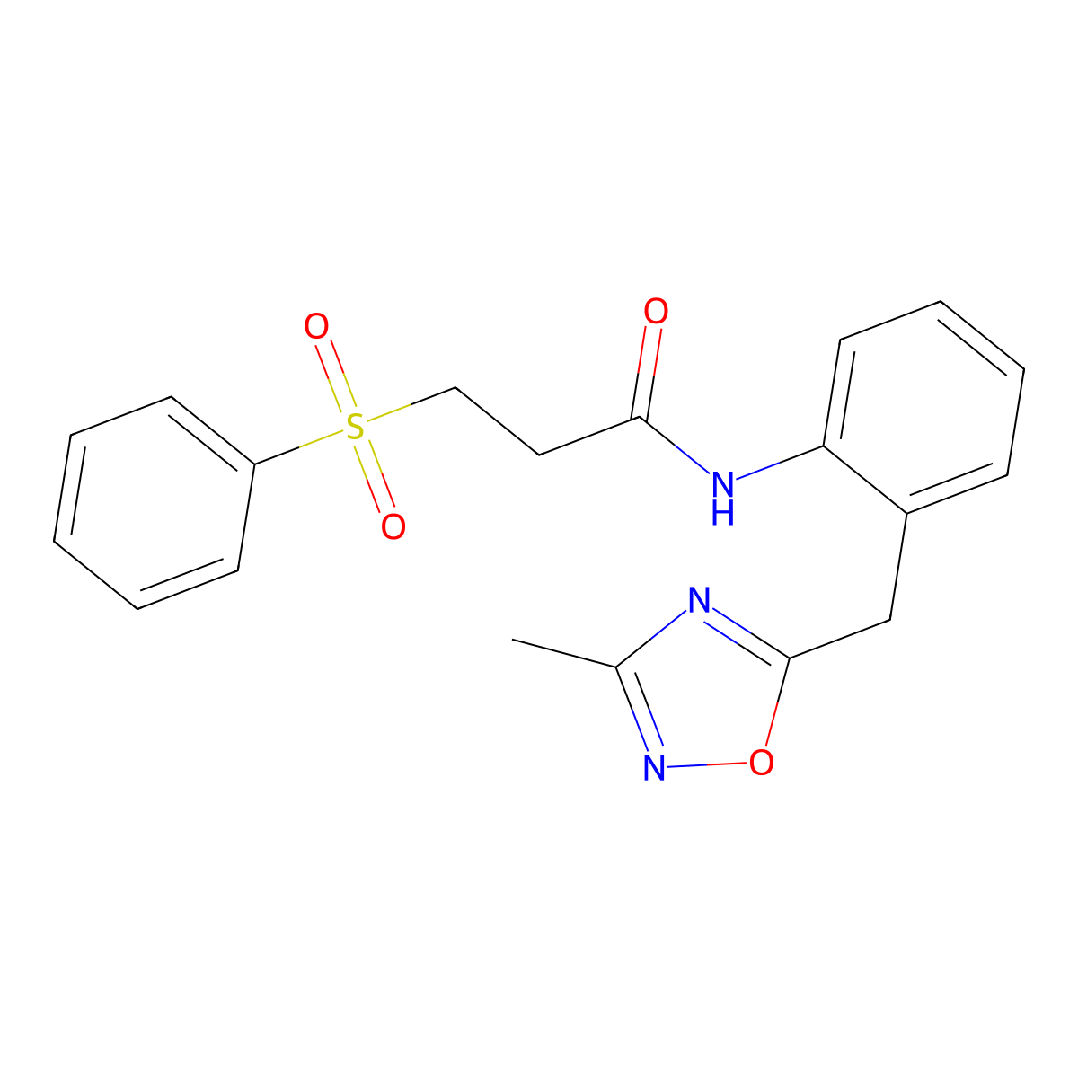 N-(2-((3-methyl-1,2,4-oxadiazol-5-yl)methyl)phenyl)-3-(phenylsulfonyl)propanamide molecular structure, CAS 1448064-74-1