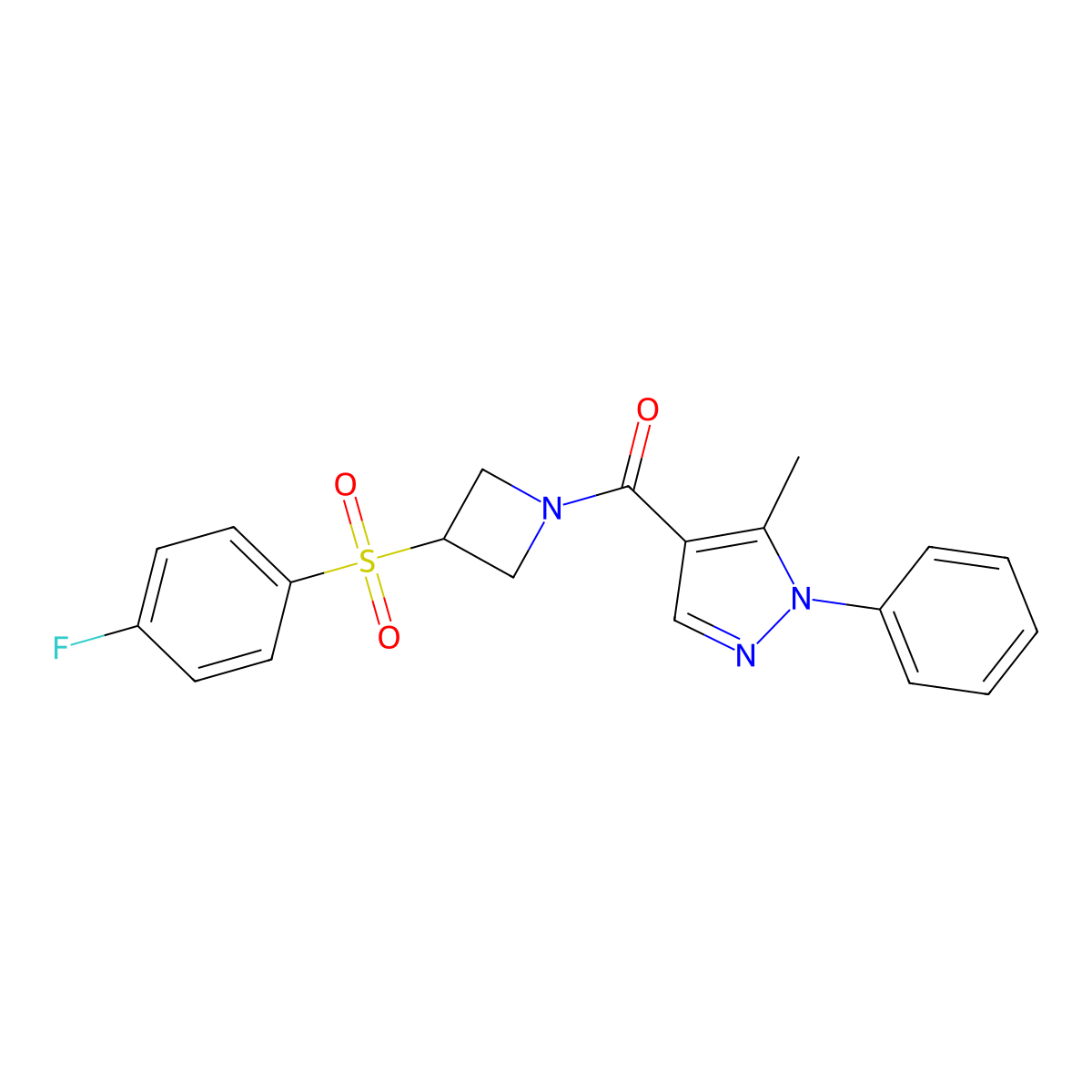 (3-((4-fluorophenyl)sulfonyl)azetidin-1-yl)(5-methyl-1-phenyl-1H-pyrazol-4-yl)methanone molecular structure, CAS 1448064-76-3