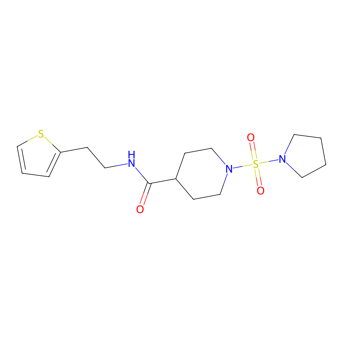 1-(pyrrolidin-1-ylsulfonyl)-N-(2-(thiophen-2-yl)ethyl)piperidine-4-carboxamide molecular structure, CAS 1448064-85-4