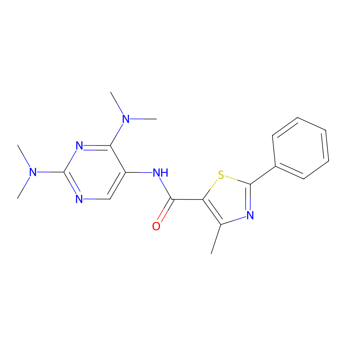 N-(2,4-bis(dimethylamino)pyrimidin-5-yl)-4-methyl-2-phenylthiazole-5-carboxamide molecular structure, CAS 1448064-86-5