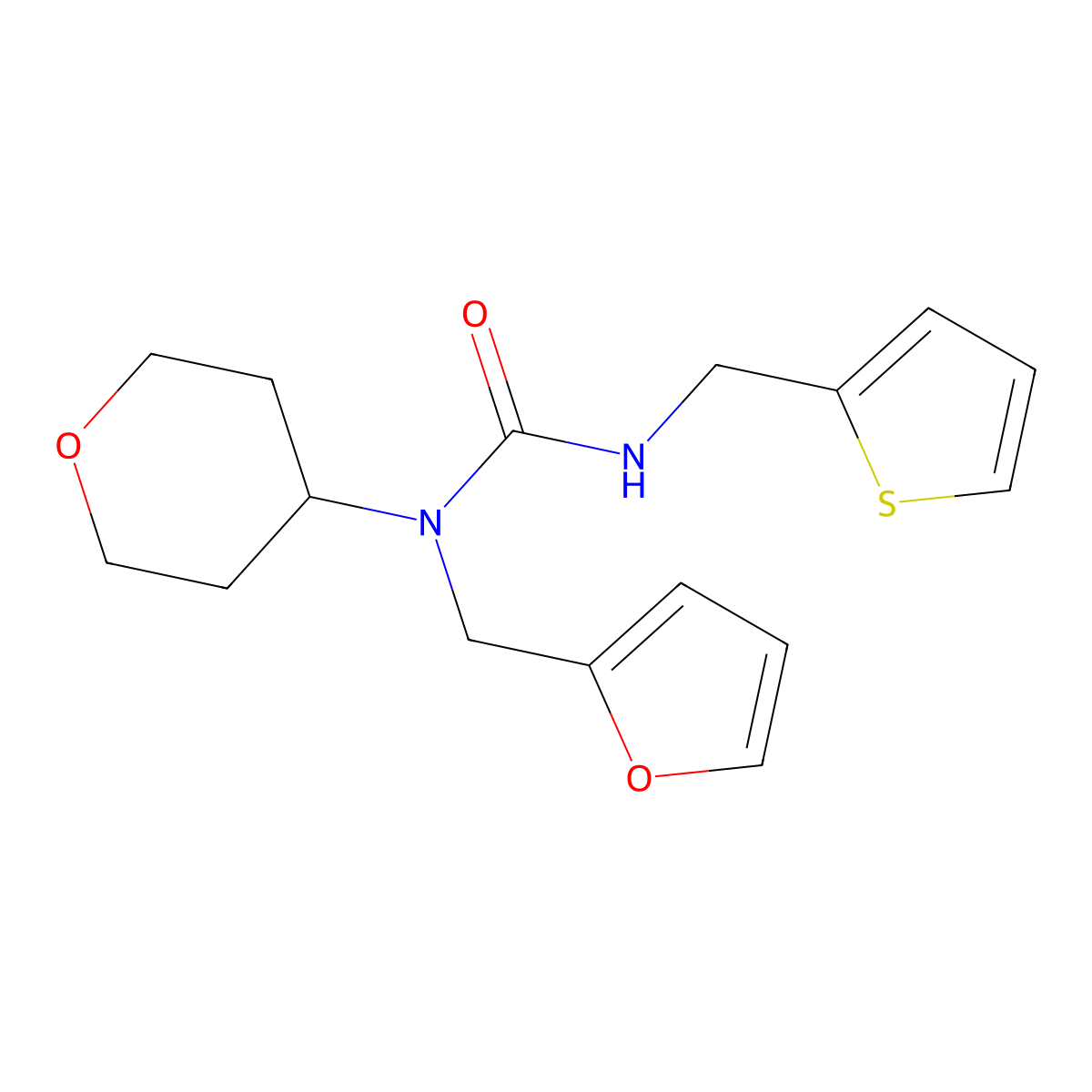 1-(furan-2-ylmethyl)-1-(tetrahydro-2H-pyran-4-yl)-3-(thiophen-2-ylmethyl)urea molecular structure, CAS 1448064-97-8