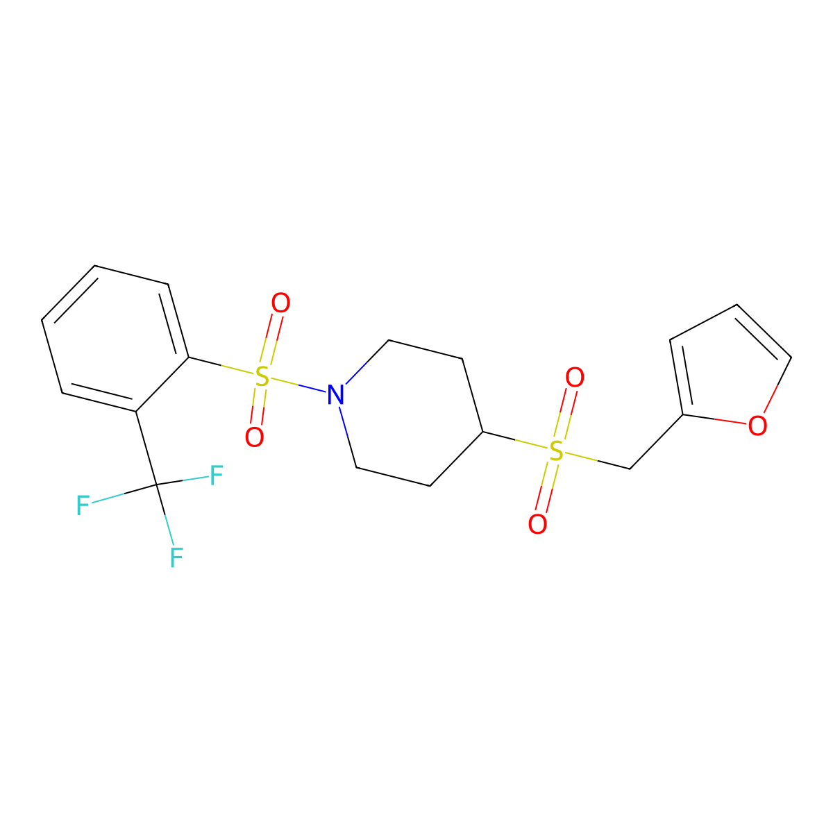 4-((Furan-2-ylmethyl)sulfonyl)-1-((2-(trifluoromethyl)phenyl)sulfonyl)piperidine molecular structure, CAS 1448065-03-9