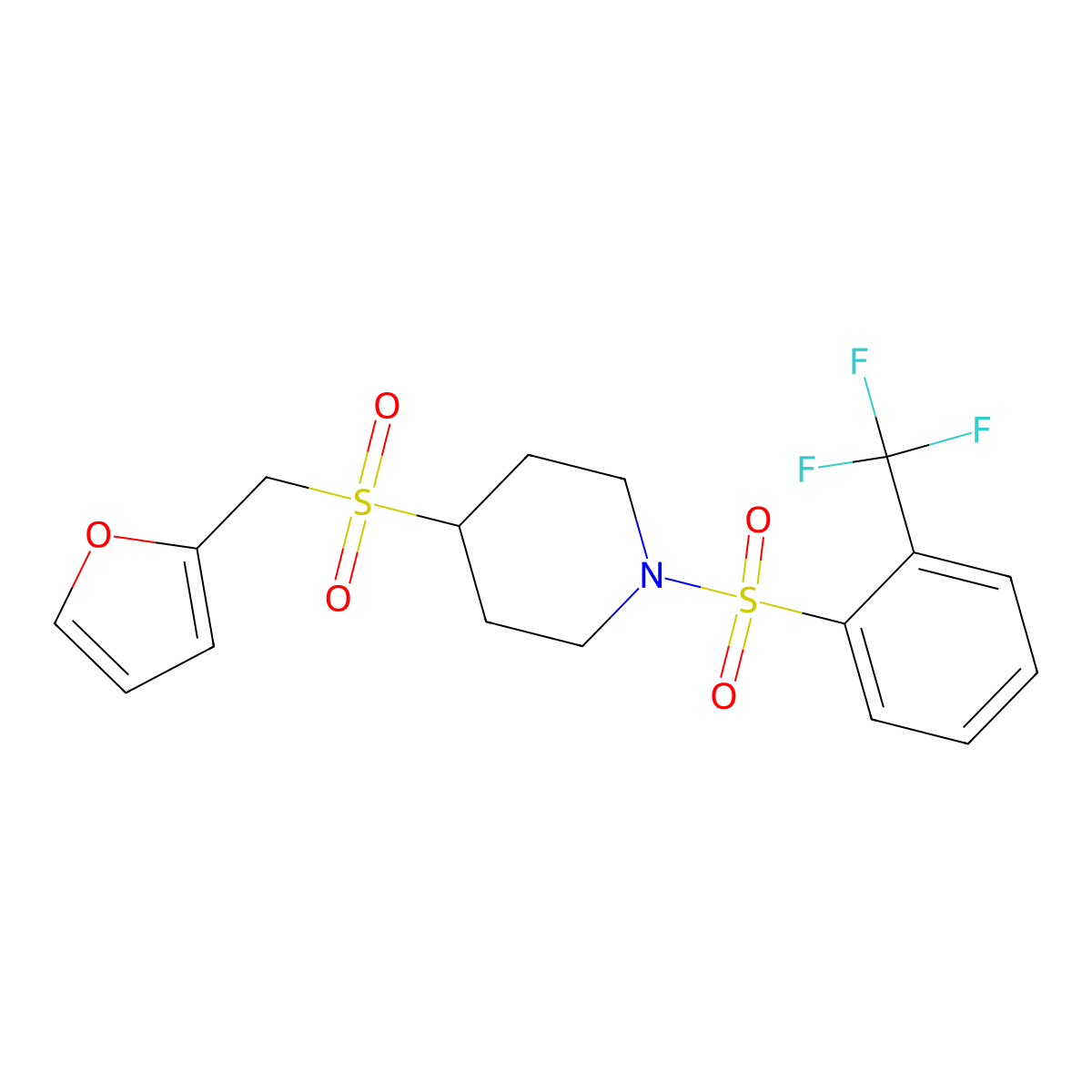 4-((Furan-2-ylmethyl)sulfonyl)-1-((2-(trifluoromethyl)phenyl)sulfonyl)piperidine molecular structure, CAS 1448065-03-9