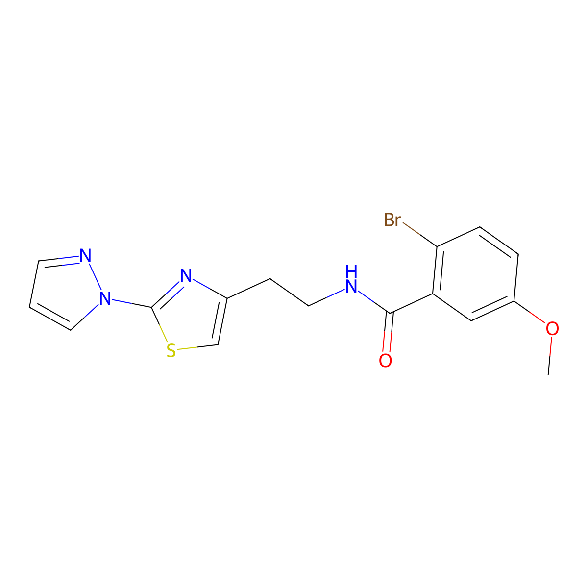 N-(2-(2-(1H-pyrazol-1-yl)thiazol-4-yl)ethyl)-2-bromo-5-methoxybenzamide molecular structure, CAS 1448065-15-3