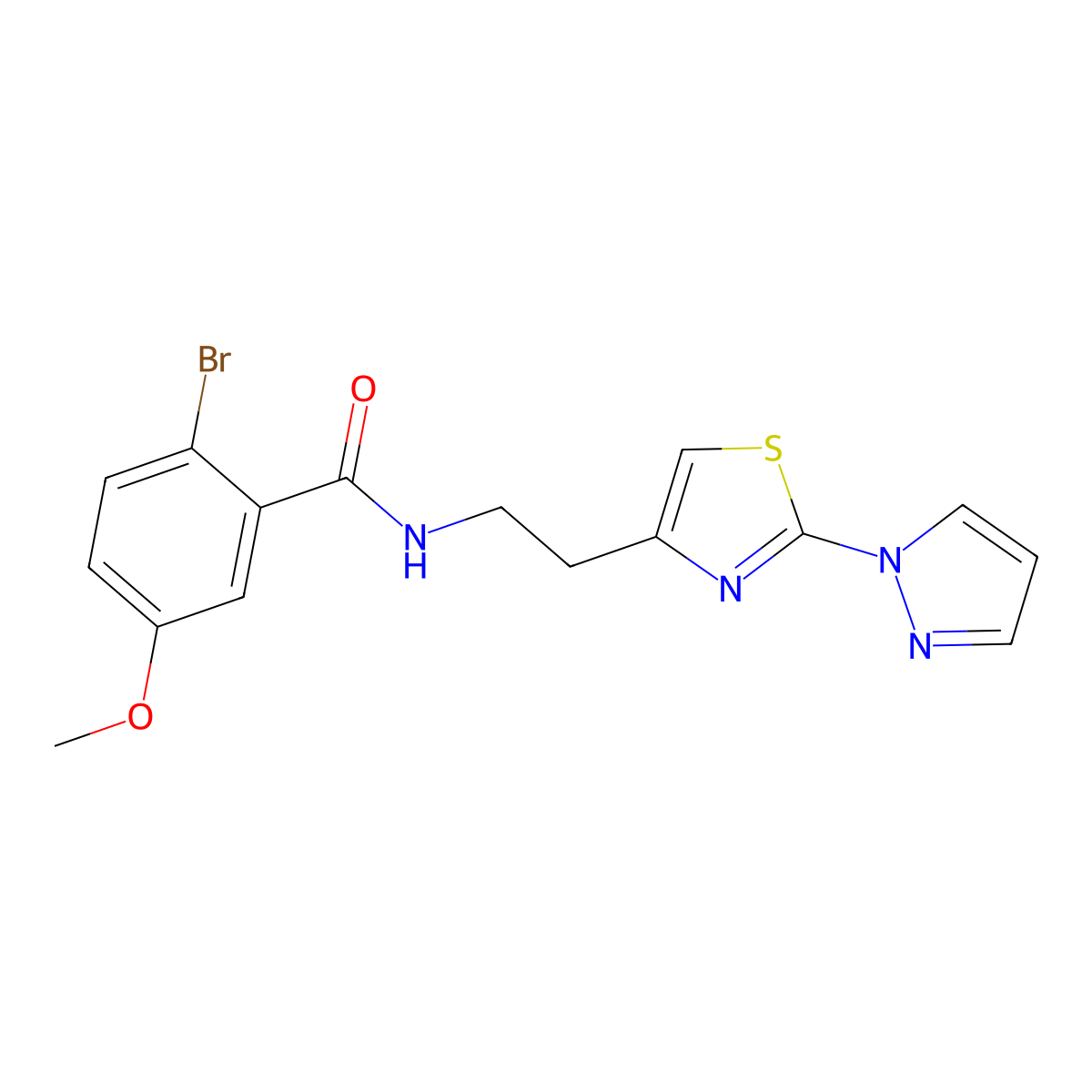 N-(2-(2-(1H-pyrazol-1-yl)thiazol-4-yl)ethyl)-2-bromo-5-methoxybenzamide molecular structure, CAS 1448065-15-3