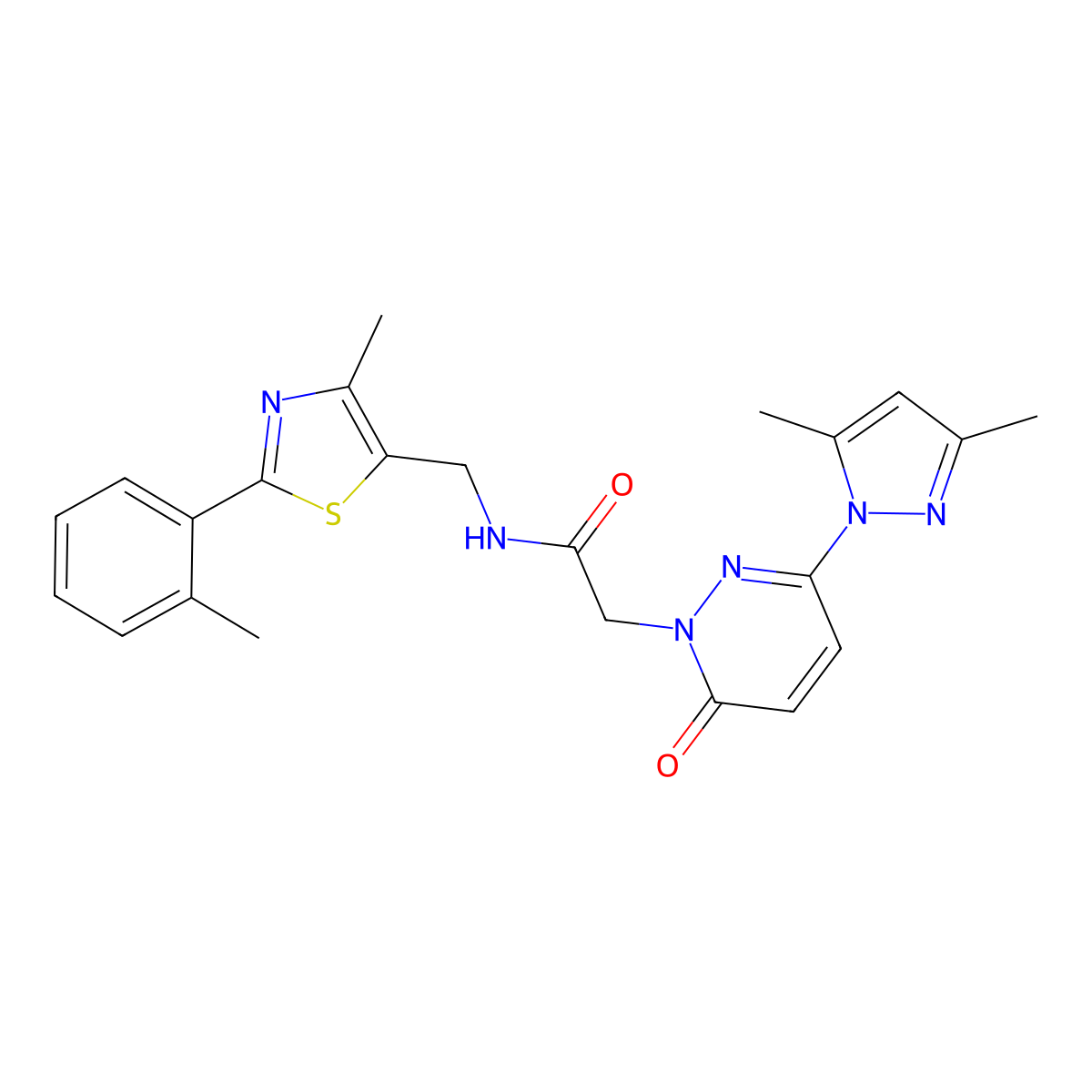 2-(3-(3,5-dimethyl-1H-pyrazol-1-yl)-6-oxopyridazin-1(6H)-yl)-N-((4-methyl-2-(o-tolyl)thiazol-5-yl)methyl)acetamide molecular structure, CAS 1448065-16-4