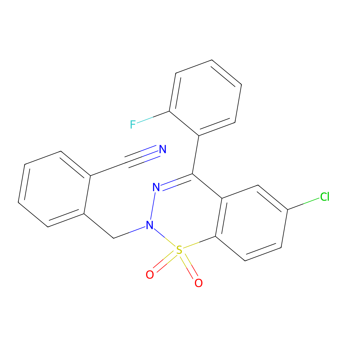 2-((6-chloro-4-(2-fluorophenyl)-1,1-dioxido-2H-benzo[e][1,2,3]thiadiazin-2-yl)methyl)benzonitrile molecular structure, CAS 1448065-25-5