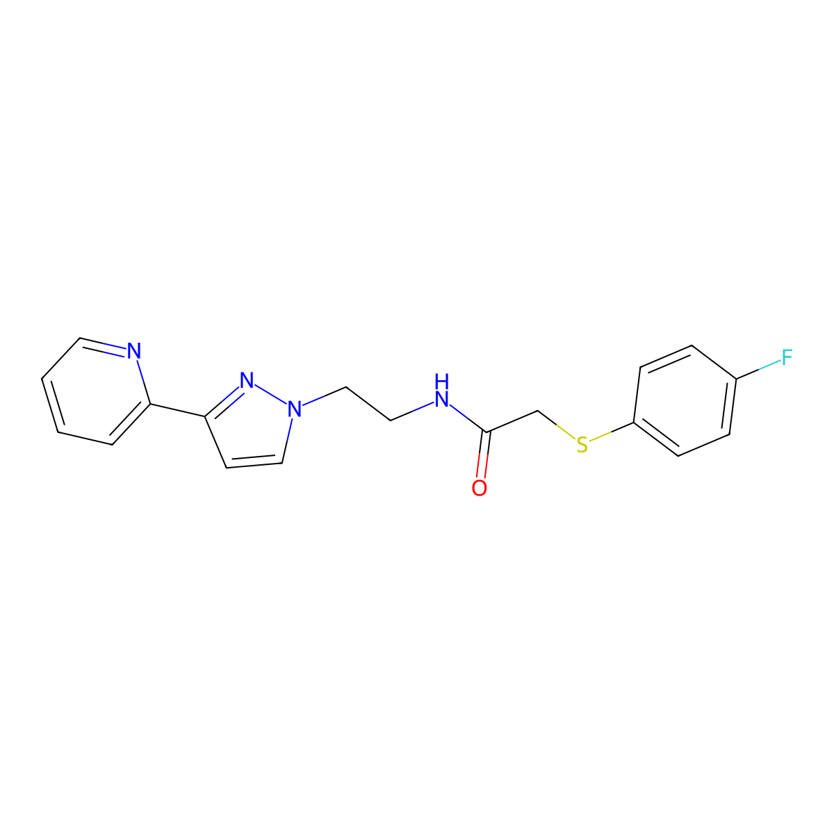 2-((4-fluorophenyl)thio)-N-(2-(3-(pyridin-2-yl)-1H-pyrazol-1-yl)ethyl)acetamide molecular structure, CAS 1448065-26-6