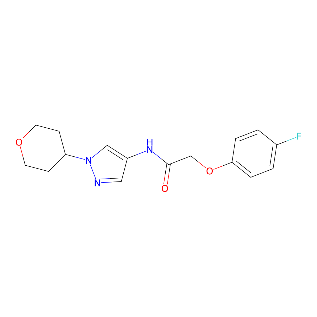 2-(4-fluorophenoxy)-N-(1-(tetrahydro-2H-pyran-4-yl)-1H-pyrazol-4-yl)acetamide molecular structure, CAS 1448065-36-8