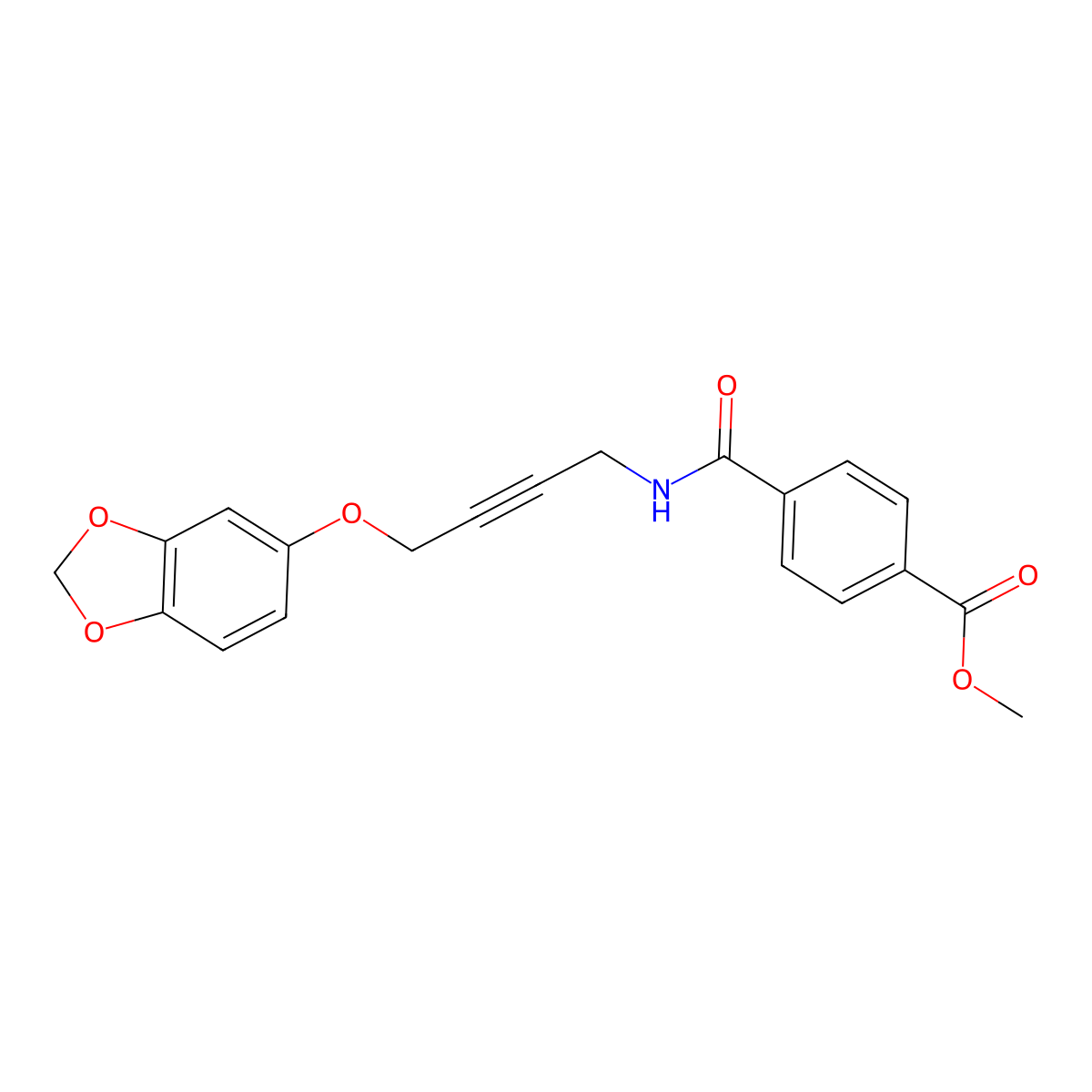 Methyl 4-((4-(benzo[d][1,3]dioxol-5-yloxy)but-2-yn-1-yl)carbamoyl)benzoate molecular structure, CAS 1448065-45-9