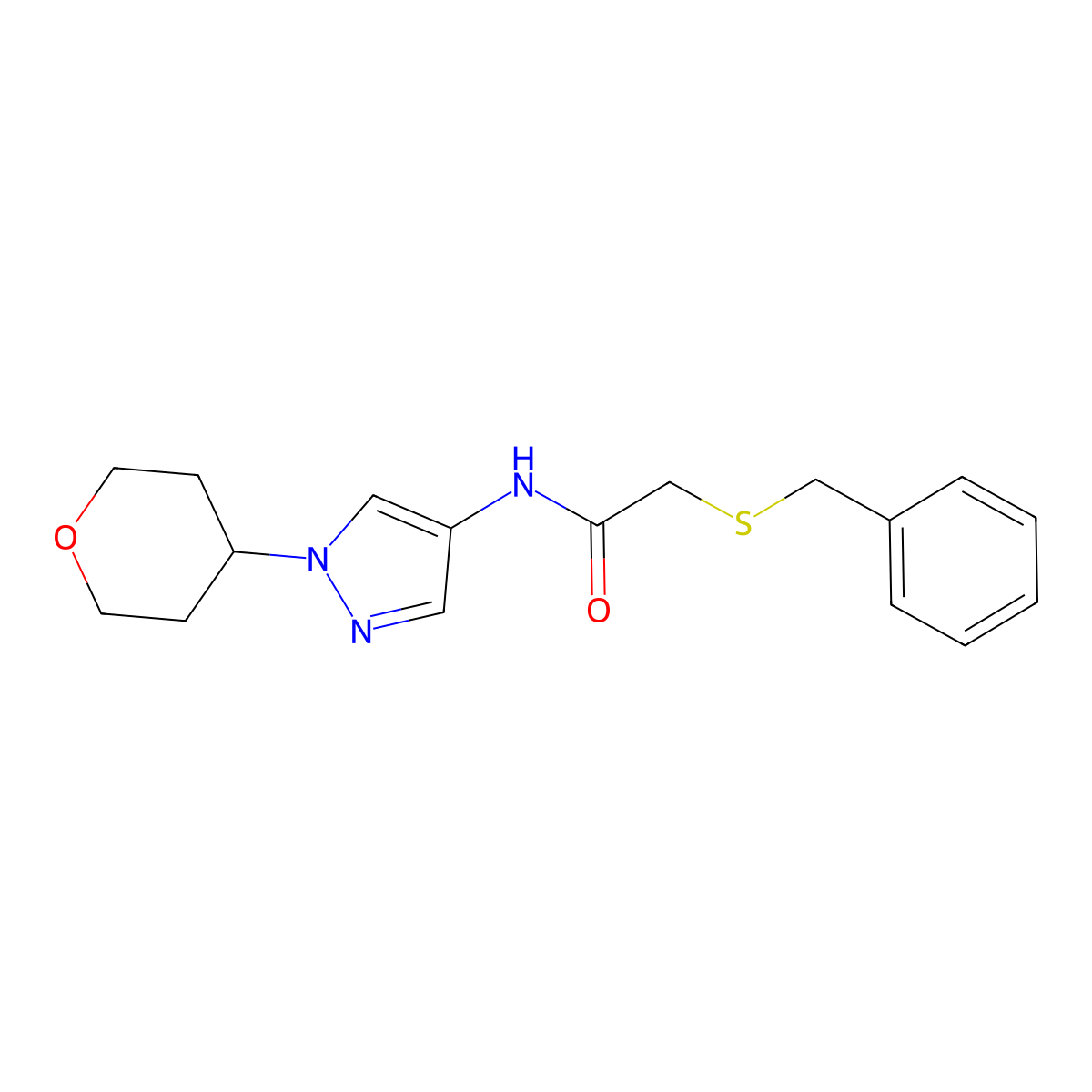 2-(benzylthio)-N-(1-(tetrahydro-2H-pyran-4-yl)-1H-pyrazol-4-yl)acetamide molecular structure, CAS 1448065-46-0