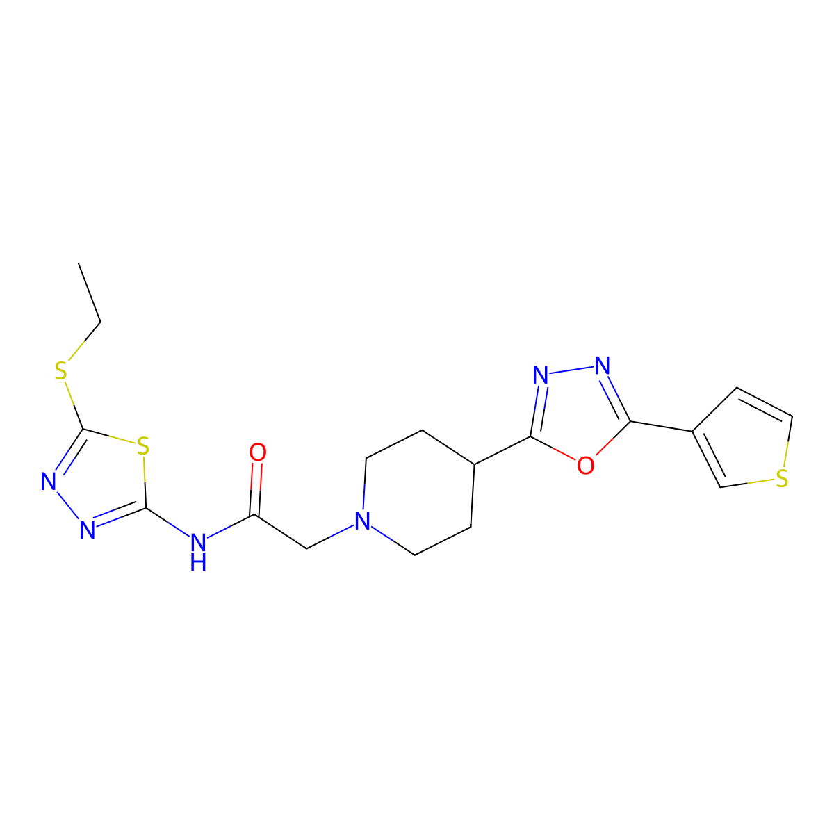 N-(5-(ethylthio)-1,3,4-thiadiazol-2-yl)-2-(4-(5-(thiophen-3-yl)-1,3,4-oxadiazol-2-yl)piperidin-1-yl)acetamide molecular structure, CAS 1448065-73-3