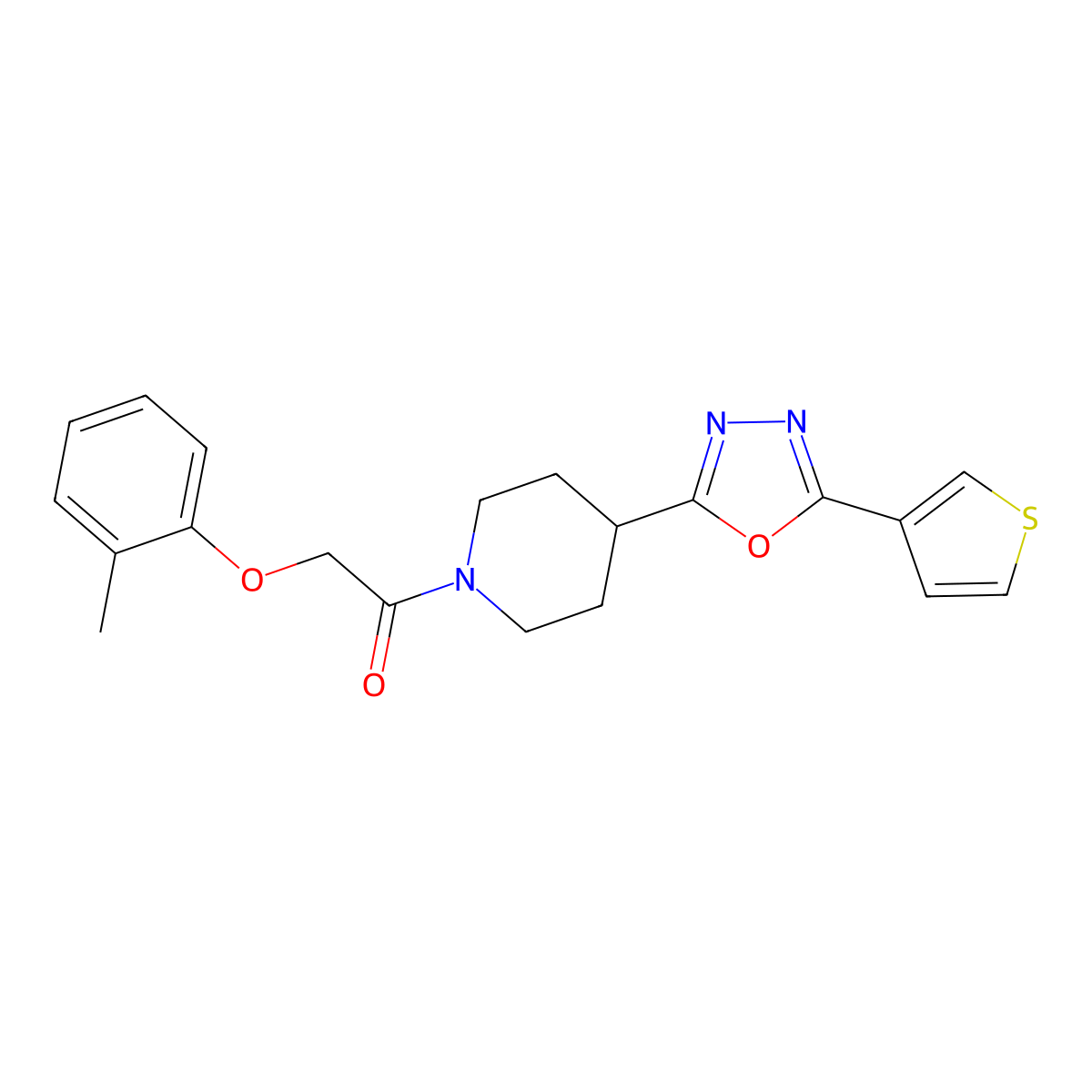 1-(4-(5-(Thiophen-3-yl)-1,3,4-oxadiazol-2-yl)piperidin-1-yl)-2-(o-tolyloxy)ethanone molecular structure, CAS 1448065-81-3