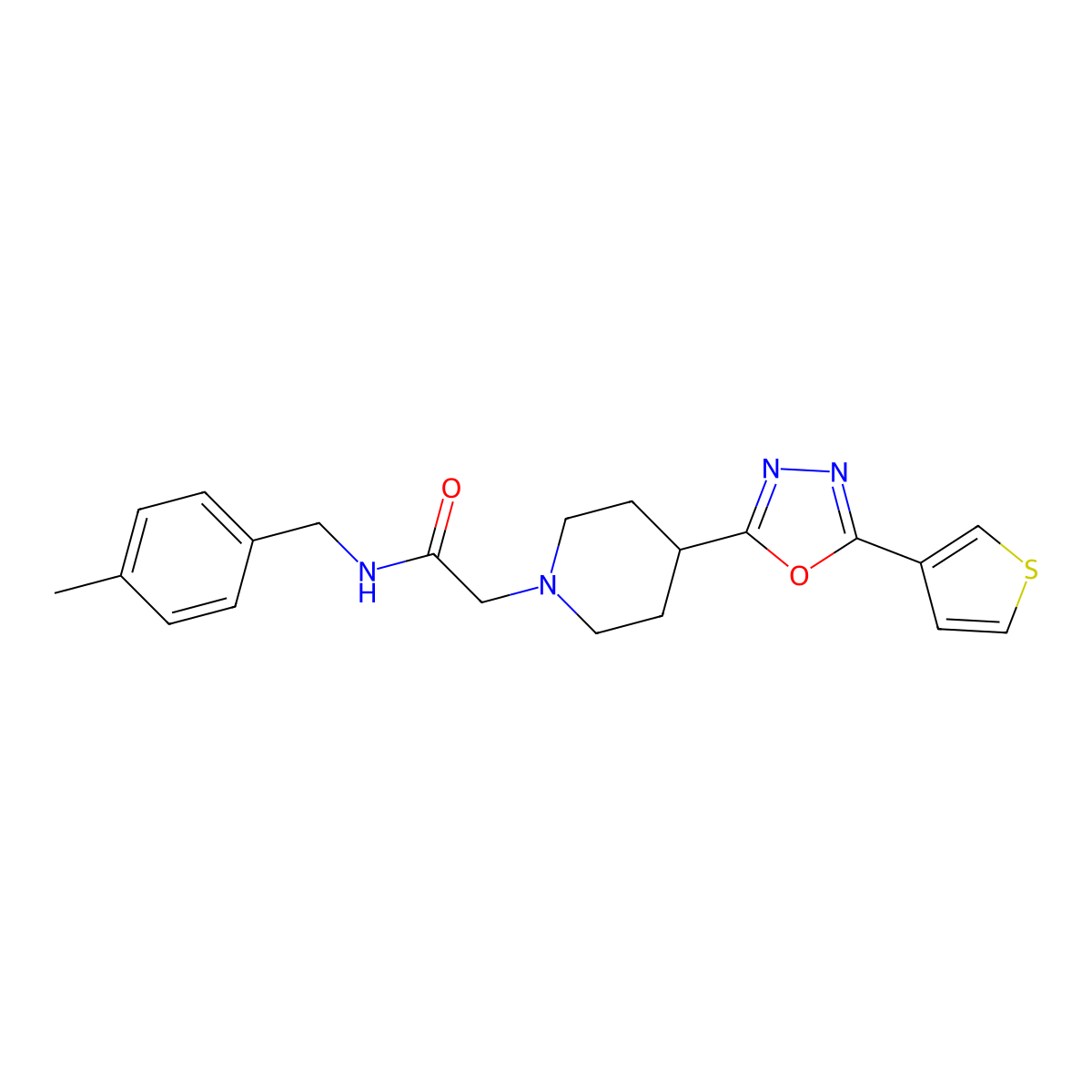 N-(4-methylbenzyl)-2-(4-(5-(thiophen-3-yl)-1,3,4-oxadiazol-2-yl)piperidin-1-yl)acetamide molecular structure, CAS 1448065-87-9