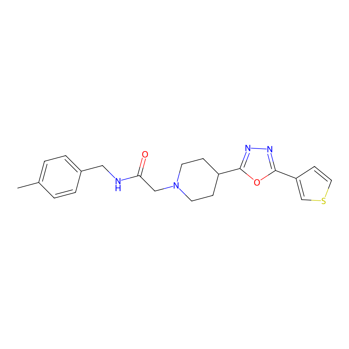 N-(4-methylbenzyl)-2-(4-(5-(thiophen-3-yl)-1,3,4-oxadiazol-2-yl)piperidin-1-yl)acetamide molecular structure, CAS 1448065-87-9
