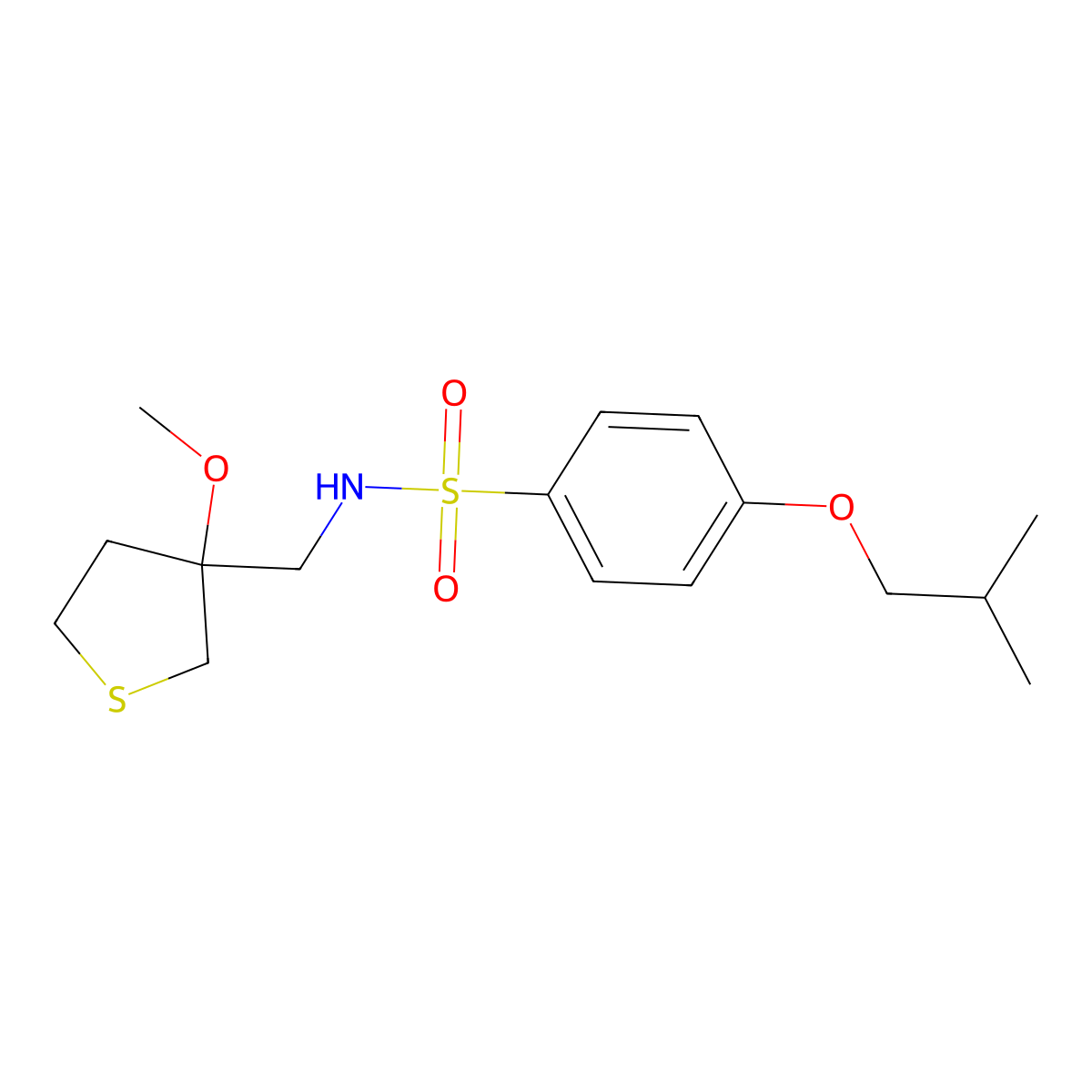 4-isobutoxy-N-((3-methoxytetrahydrothiophen-3-yl)methyl)benzenesulfonamide molecular structure, CAS 1448065-88-0
