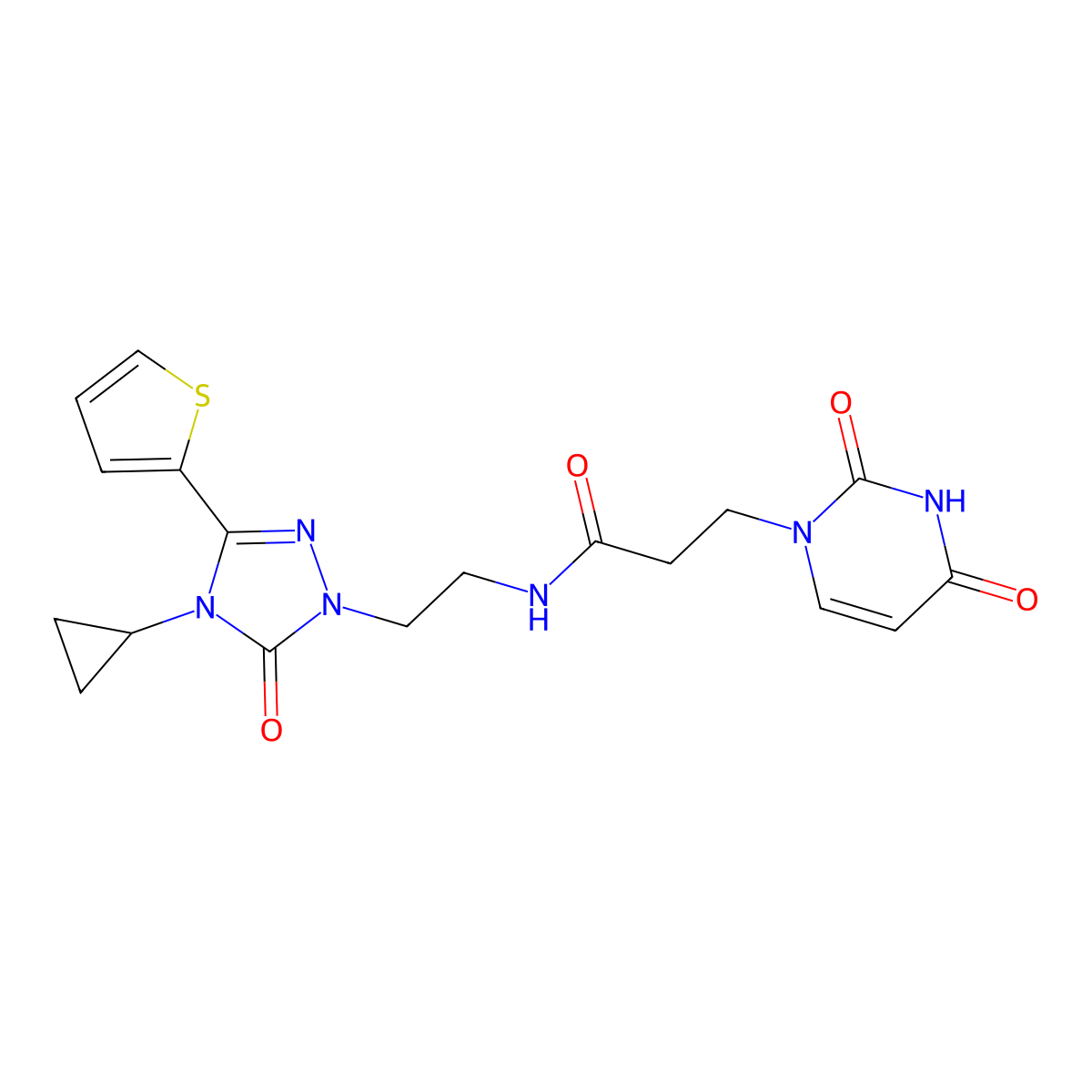 N-(2-(4-cyclopropyl-5-oxo-3-(thiophen-2-yl)-4,5-dihydro-1H-1,2,4-triazol-1-yl)ethyl)-3-(2,4-dioxo-3,4-dihydropyrimidin-1(2H)-yl)propanamide molecular structure, CAS 1448065-89-1