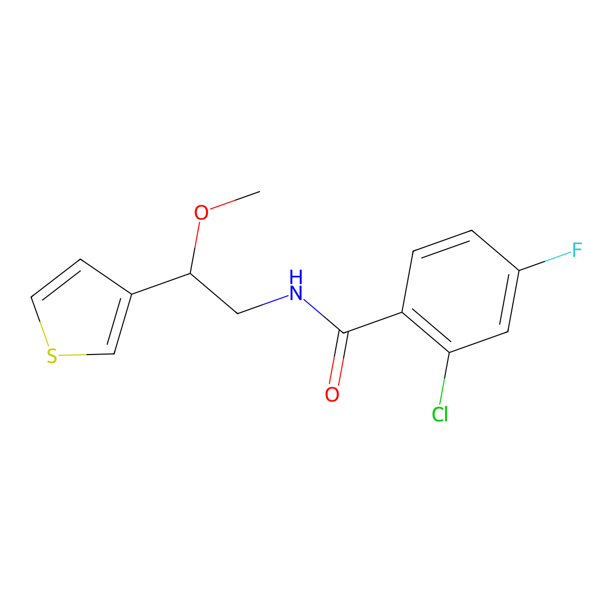 2-Chloro-4-fluoro-N-[2-methoxy-2-(thiophen-3-YL)ethyl]benzamide molecular structure, CAS 1448065-92-6