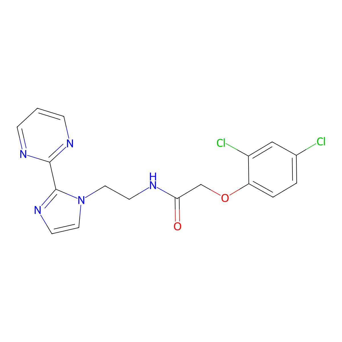 2-(2,4-dichlorophenoxy)-N-(2-(2-(pyrimidin-2-yl)-1H-imidazol-1-yl)ethyl)acetamide molecular structure, CAS 1448065-96-0