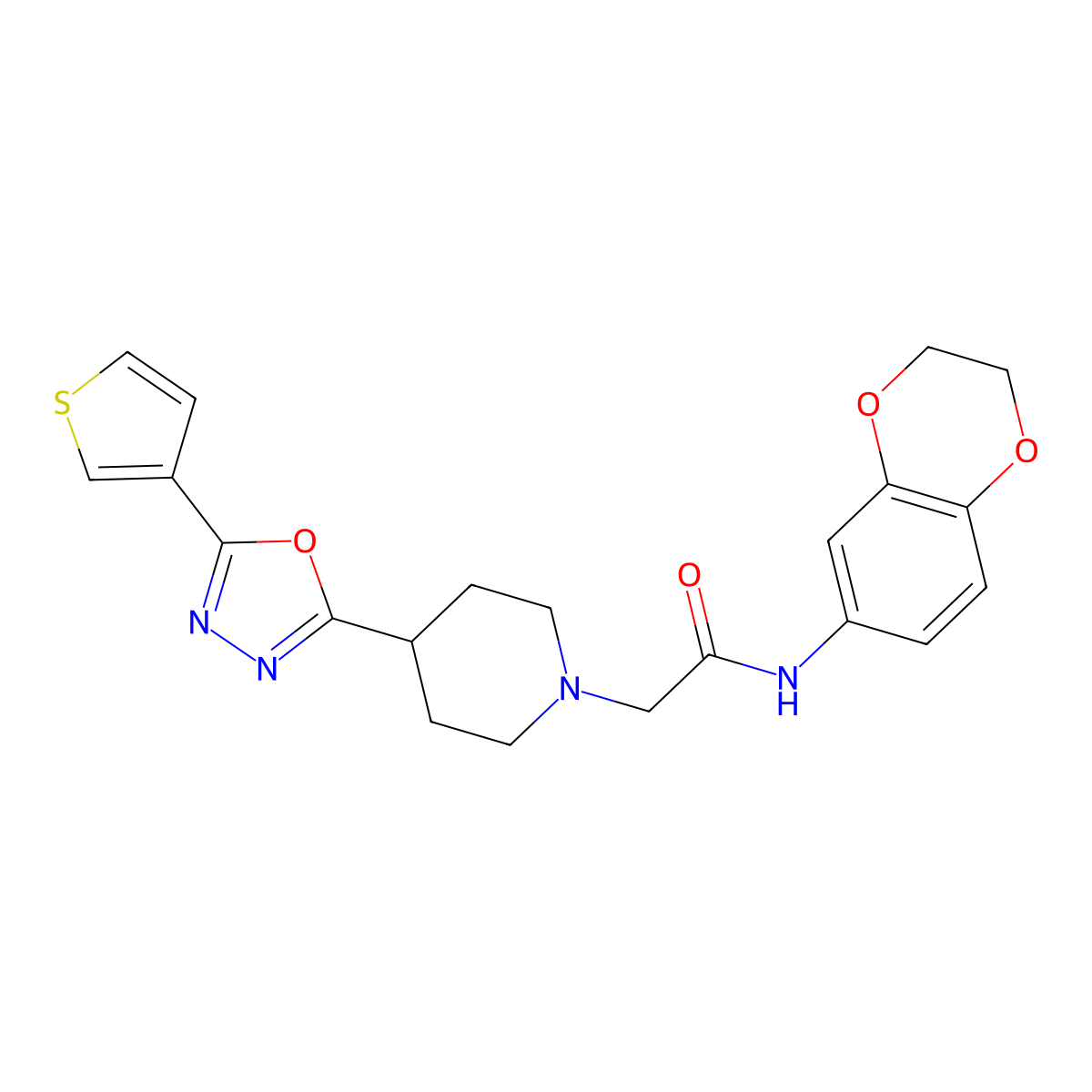 N-(2,3-dihydrobenzo[b][1,4]dioxin-6-yl)-2-(4-(5-(thiophen-3-yl)-1,3,4-oxadiazol-2-yl)piperidin-1-yl)acetamide molecular structure, CAS 1448065-98-2