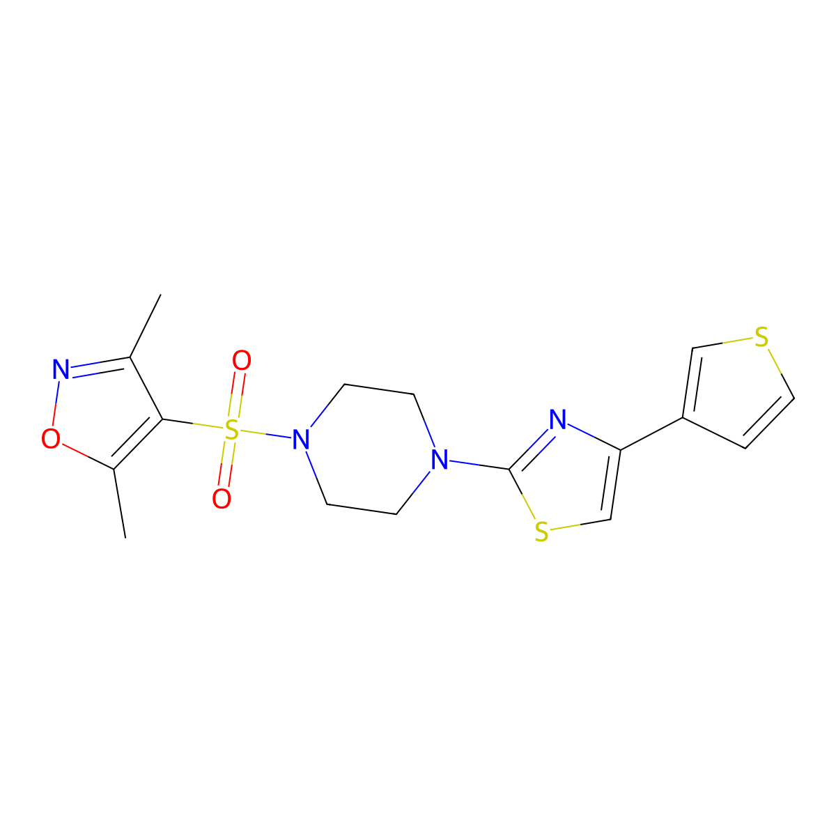 3,5-Dimethyl-4-((4-(4-(thiophen-3-yl)thiazol-2-yl)piperazin-1-yl)sulfonyl)isoxazole molecular structure, CAS 1448066-04-3