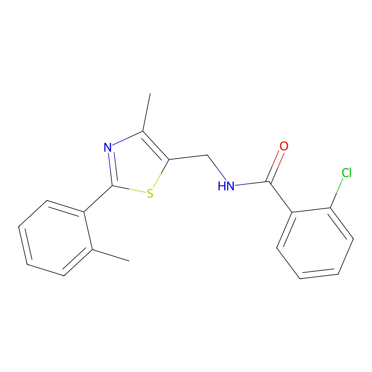 2-chloro-N-((4-methyl-2-(o-tolyl)thiazol-5-yl)methyl)benzamide molecular structure, CAS 1448066-14-5