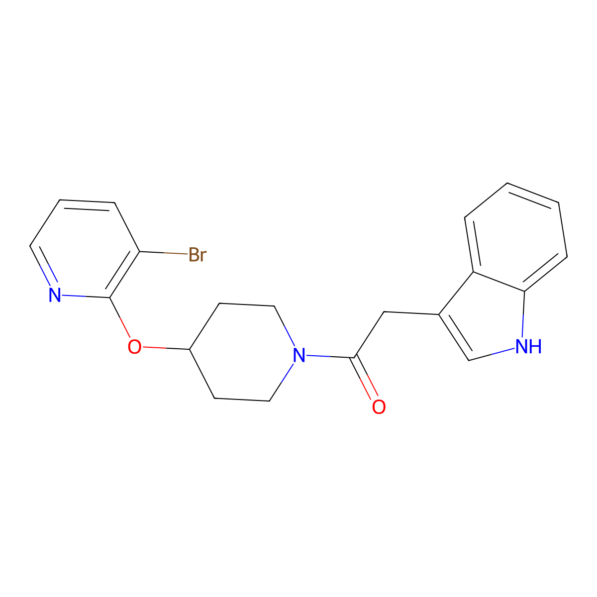 1-(4-((3-bromopyridin-2-yl)oxy)piperidin-1-yl)-2-(1H-indol-3-yl)ethanone molecular structure, CAS 1448066-25-8