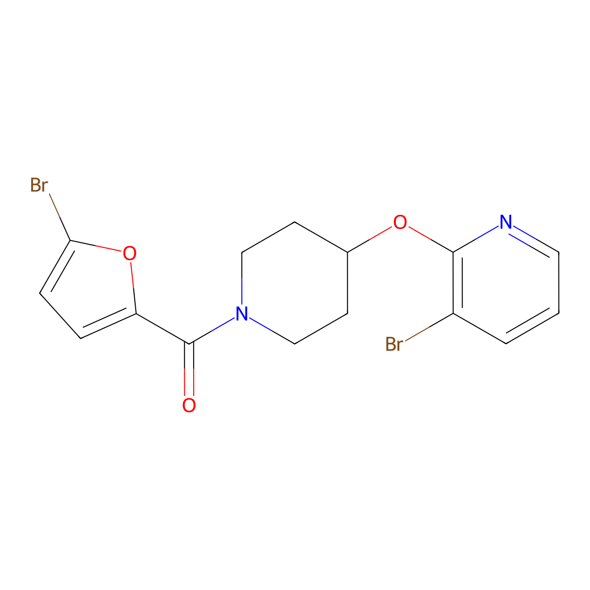 (5-Bromofuran-2-yl)(4-((3-bromopyridin-2-yl)oxy)piperidin-1-yl)methanone molecular structure, CAS 1448066-36-1