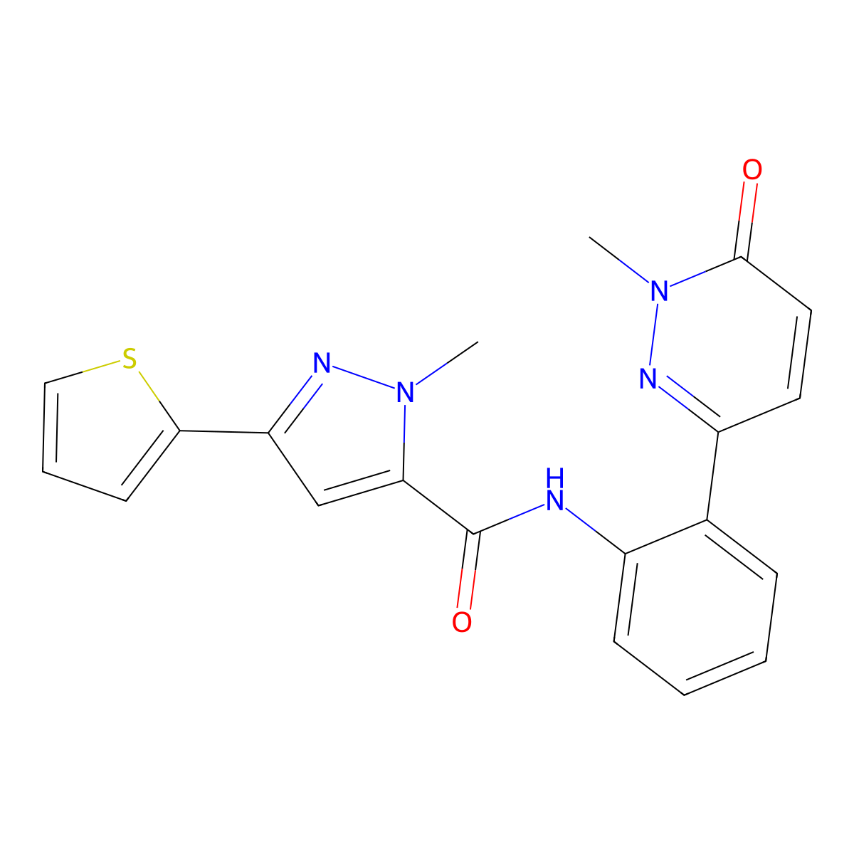 1-methyl-N-[2-(1-methyl-6-oxo-1,6-dihydropyridazin-3-yl)phenyl]-3-(thiophen-2-yl)-1H-pyrazole-5-carboxamide molecular structure, CAS 1448066-47-4