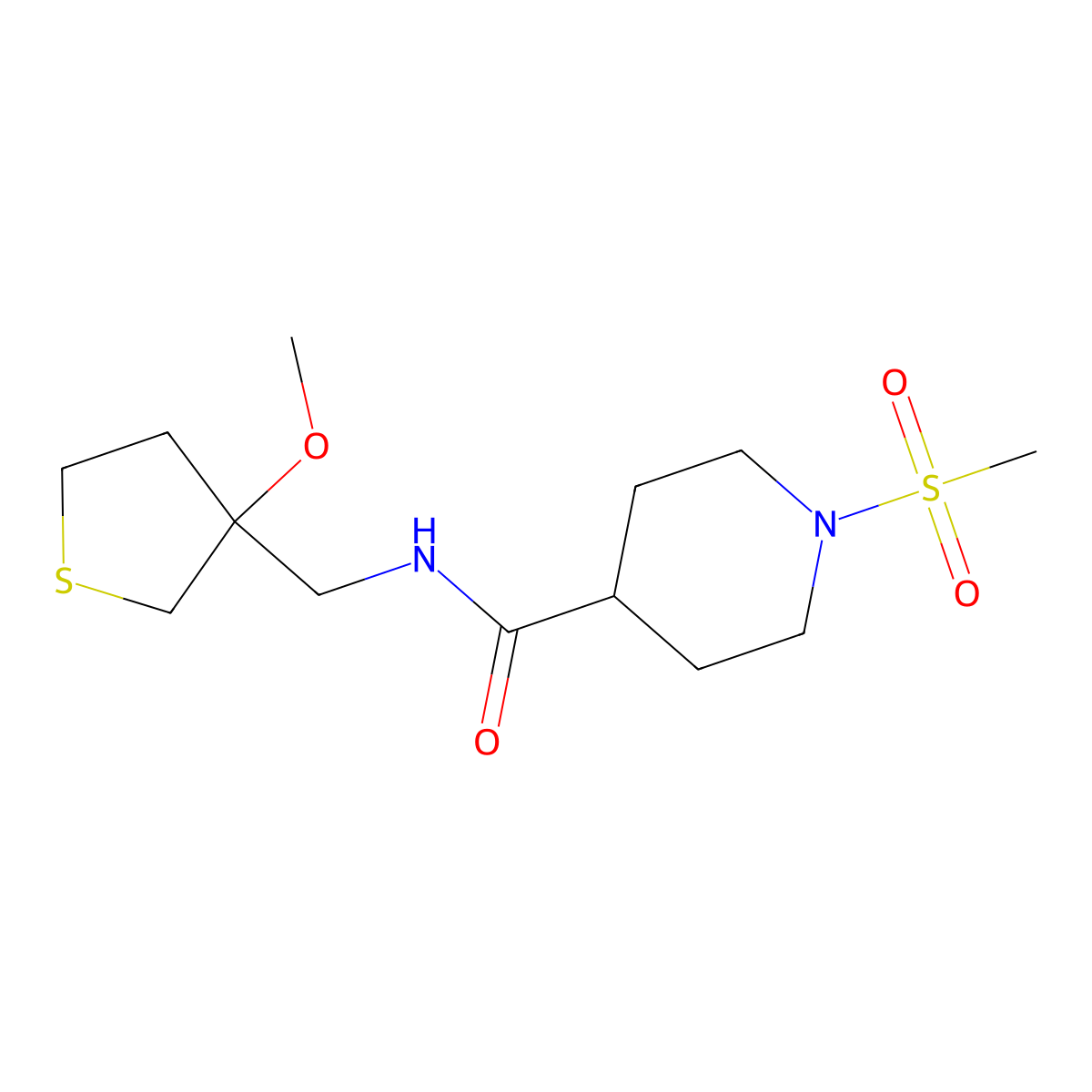 N-((3-methoxytetrahydrothiophen-3-yl)methyl)-1-(methylsulfonyl)piperidine-4-carboxamide molecular structure, CAS 1448066-51-0